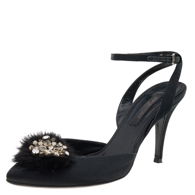 Sergio Rossi Black Fur And Satin Crystal Embellished Pointed Toe Ankle Strap Sandals Size 36