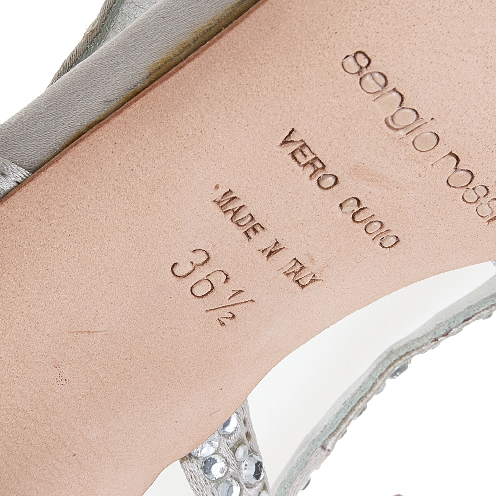 Sergio Rossi Silver Satin Crystal Embellished Slingback Sandals Size 36.5