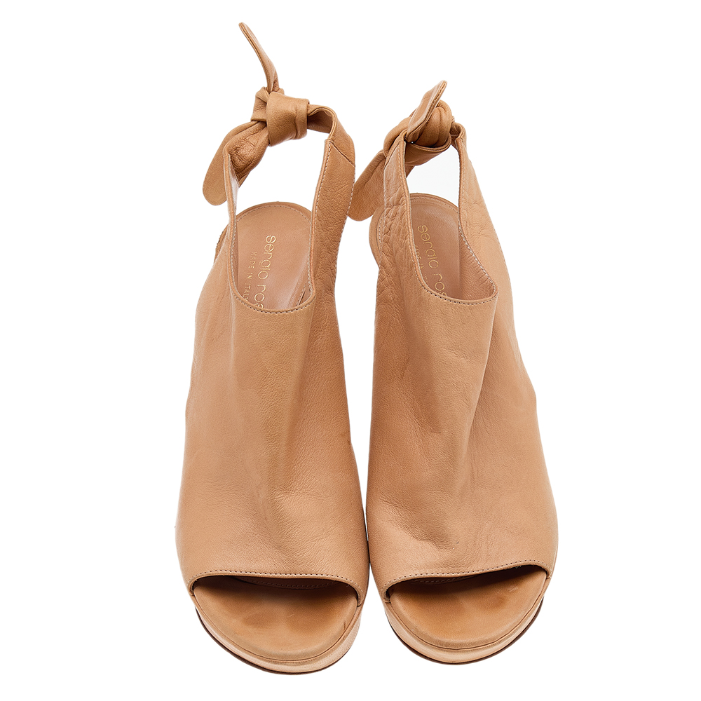Sergio Rossi Beige Leather Platform Ankle Wrap Sandals Size 38