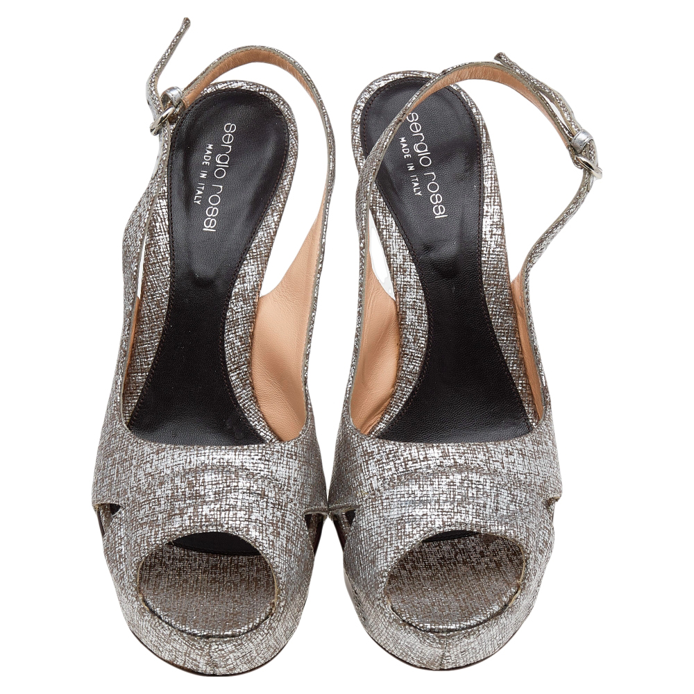Sergio Rossi Silver Textured Leather Platform Slingback Sandals Size 40