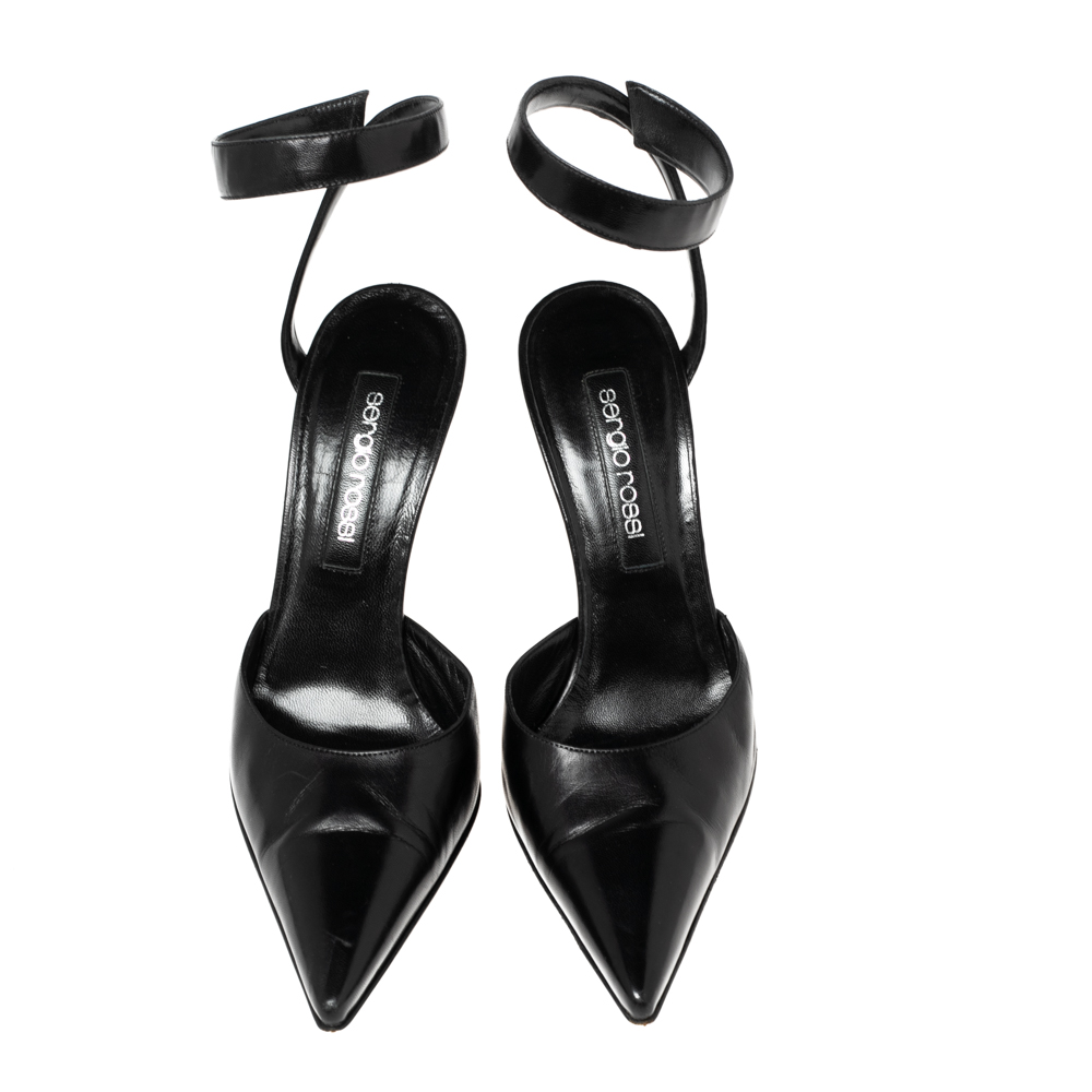 Sergio Rossi Black Leather Ankle Wrap Pointed-Toe Pumps Size 37.5