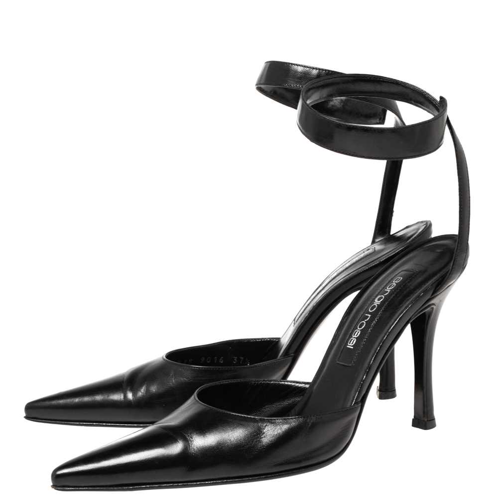 Sergio Rossi Black Leather Ankle Wrap Pointed-Toe Pumps Size 37.5