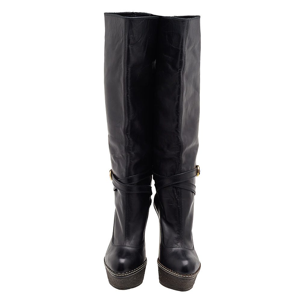 Sergio Rossi Black Leather Platform Knee Length Boots Size 39