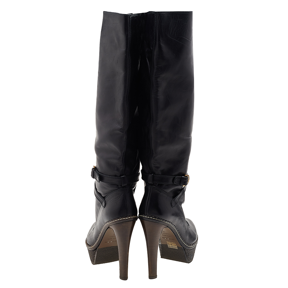 Sergio Rossi Black Leather Platform Knee Length Boots Size 39