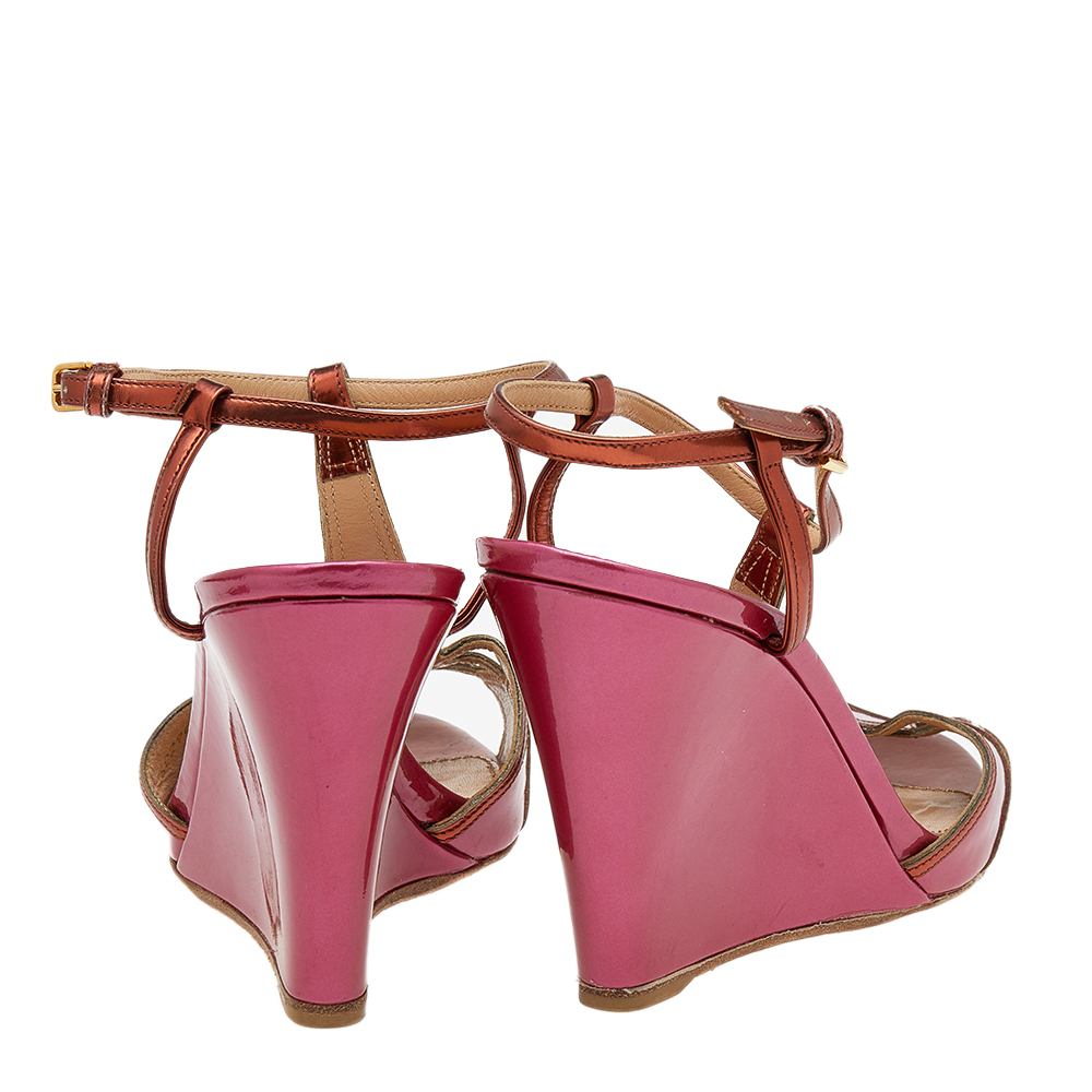 Sergio Rossi Pink/Metallic Bronze Patent And Leather Wedge Ankle Strap Sandals Size 38