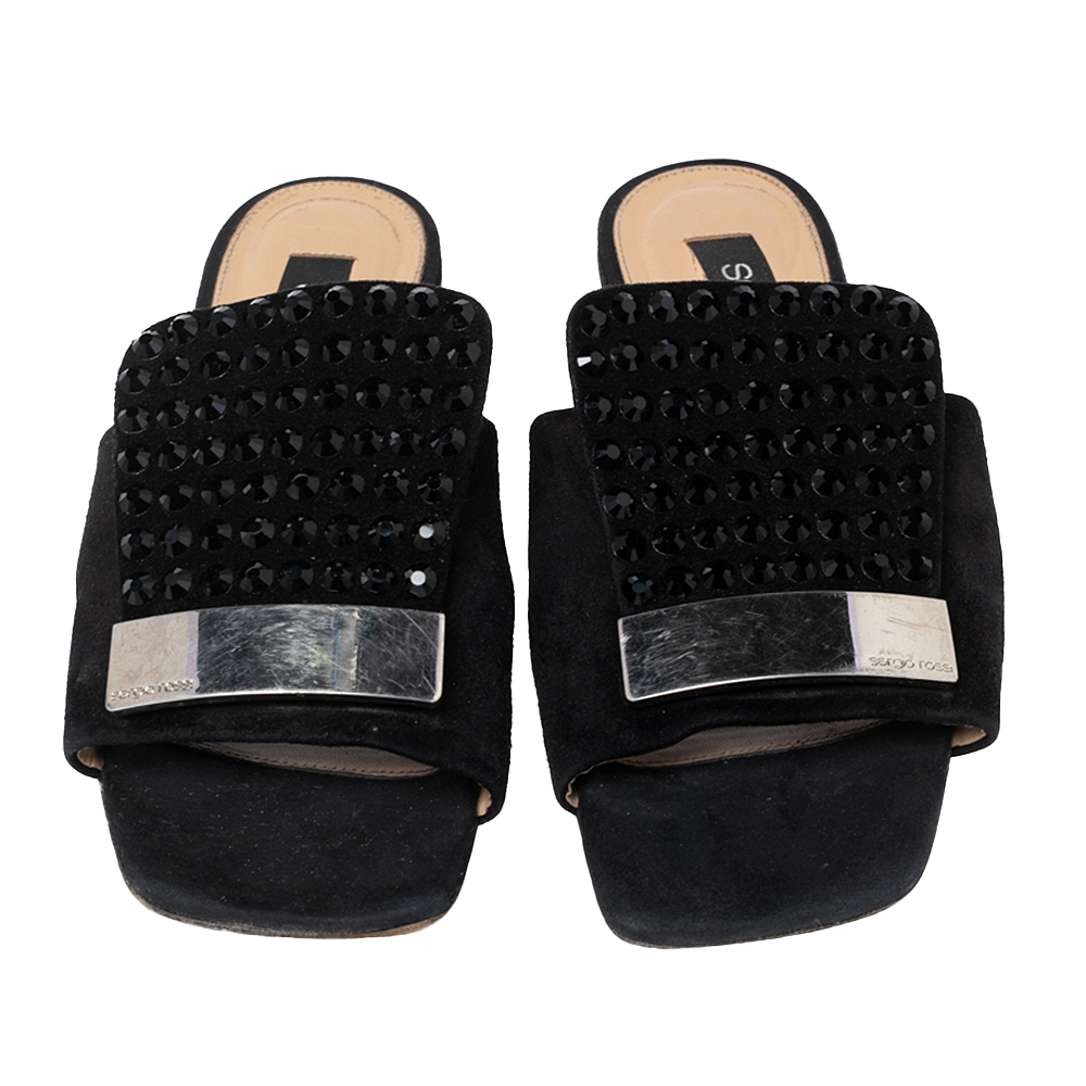 Sergio Rossi Black Suede Embellished Flat Sandals Size 36