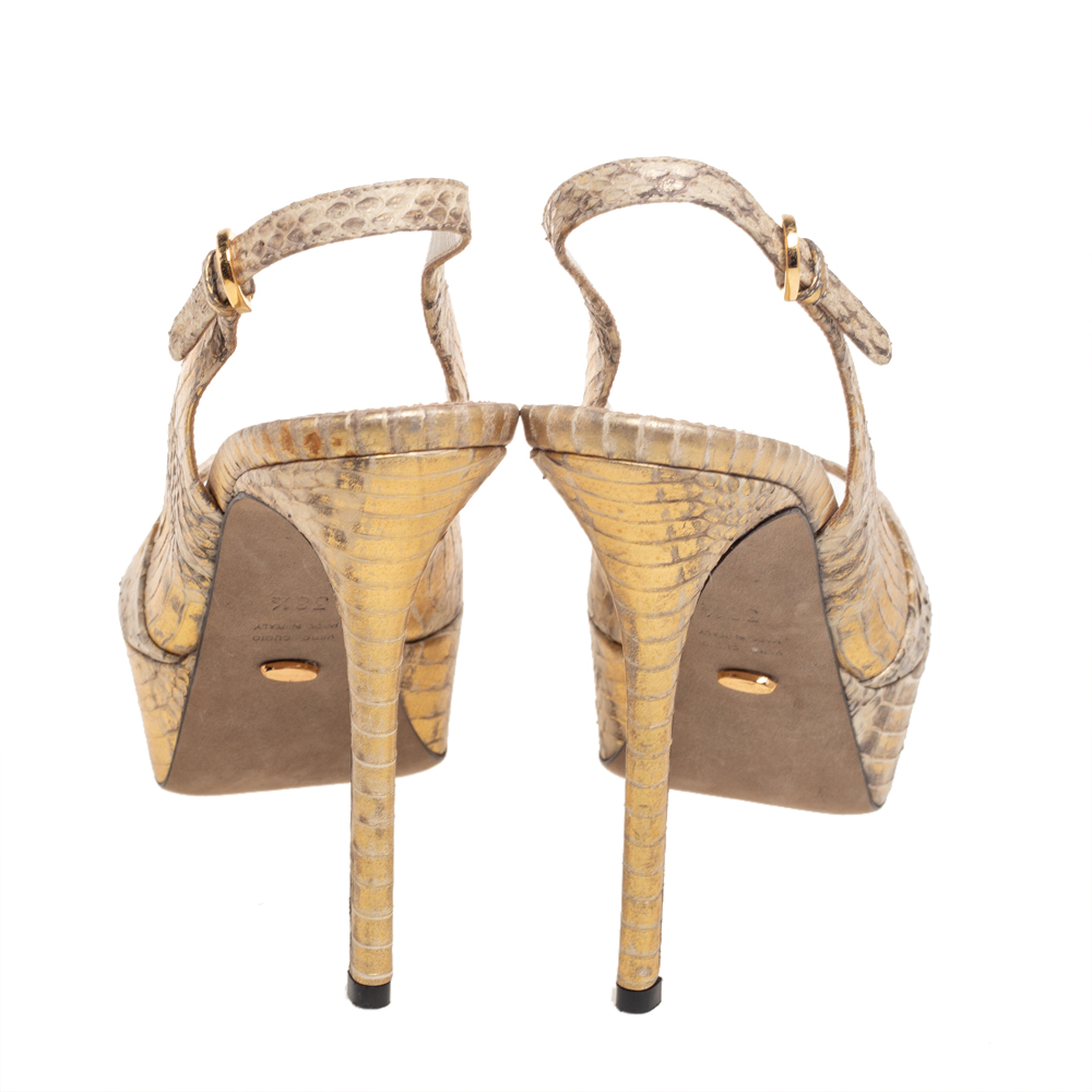 Sergio Rossi Metallic Gold/Grey Watersnake Leather Peep Toe Platform Slingback Sandals Size 38.5