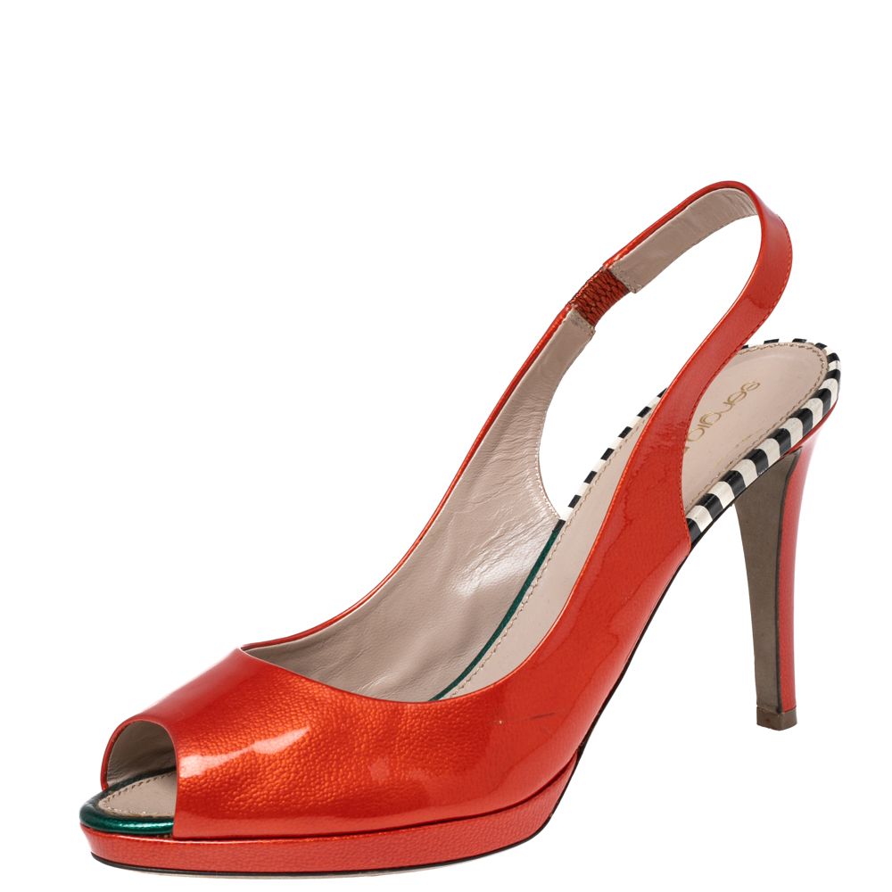 Sergio rossi orange patent leather peep-toe platform slingback pumps size 38
