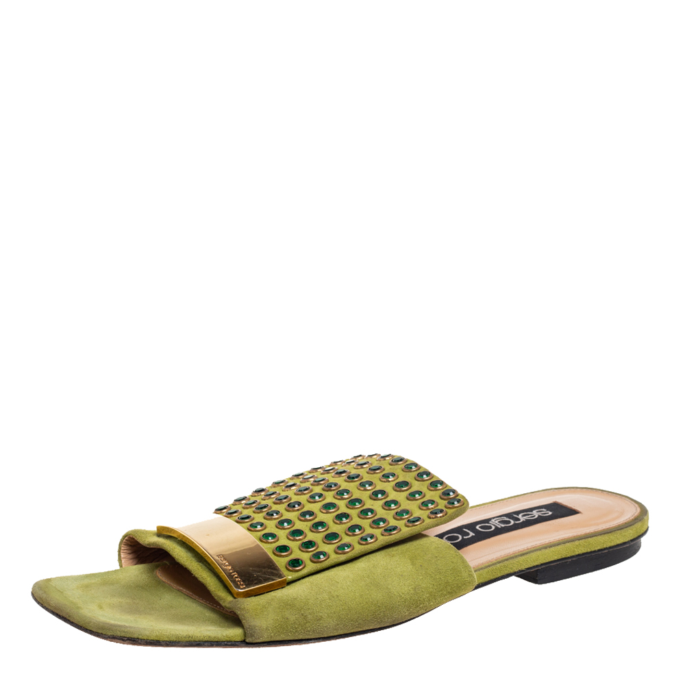 Sergio Rossi Green Suede Studded Flat Slides Size 36.5