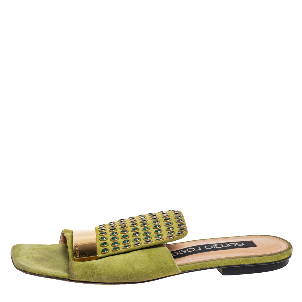 Sergio Rossi Green Suede Studded Flat Slides Size 36.5