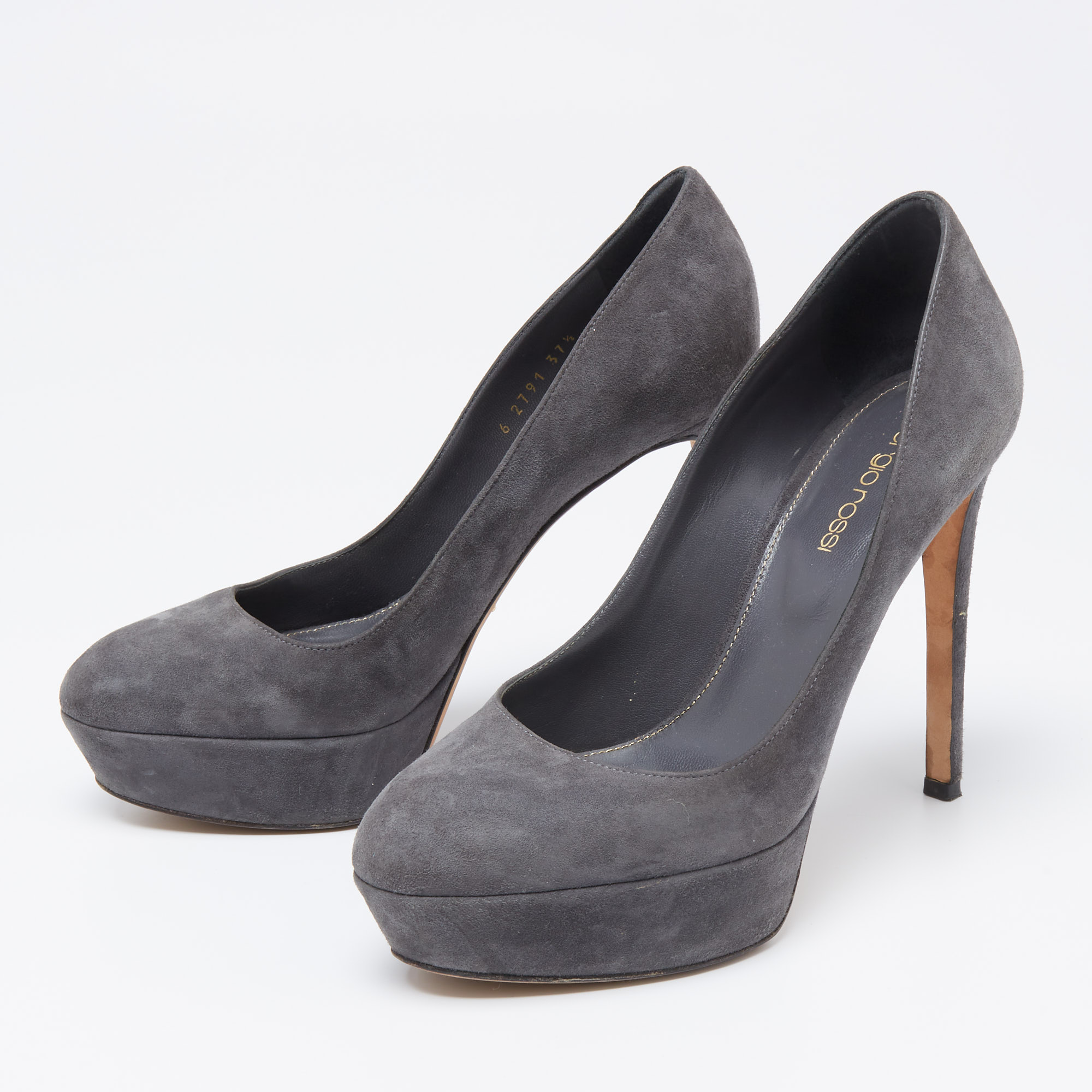 Sergio Rossi Grey Suede Leather Round Toe Platform Pumps Size 37.5