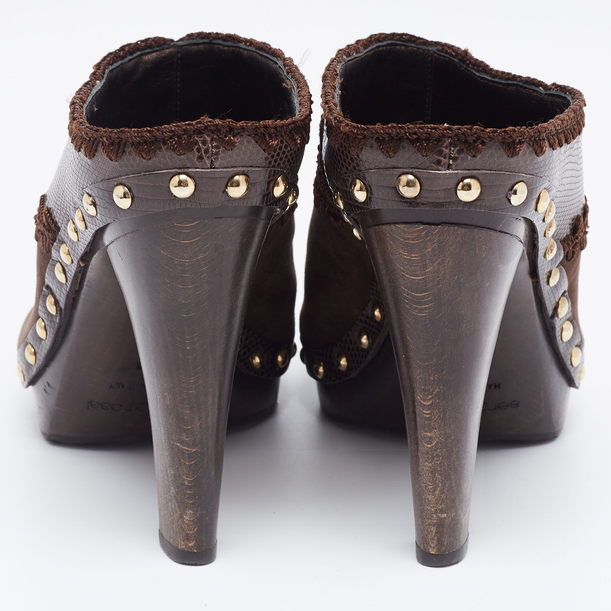 Sergio Rossi Brown Lizard Embossed Leather And Suede Studded Platform Mules Size 38