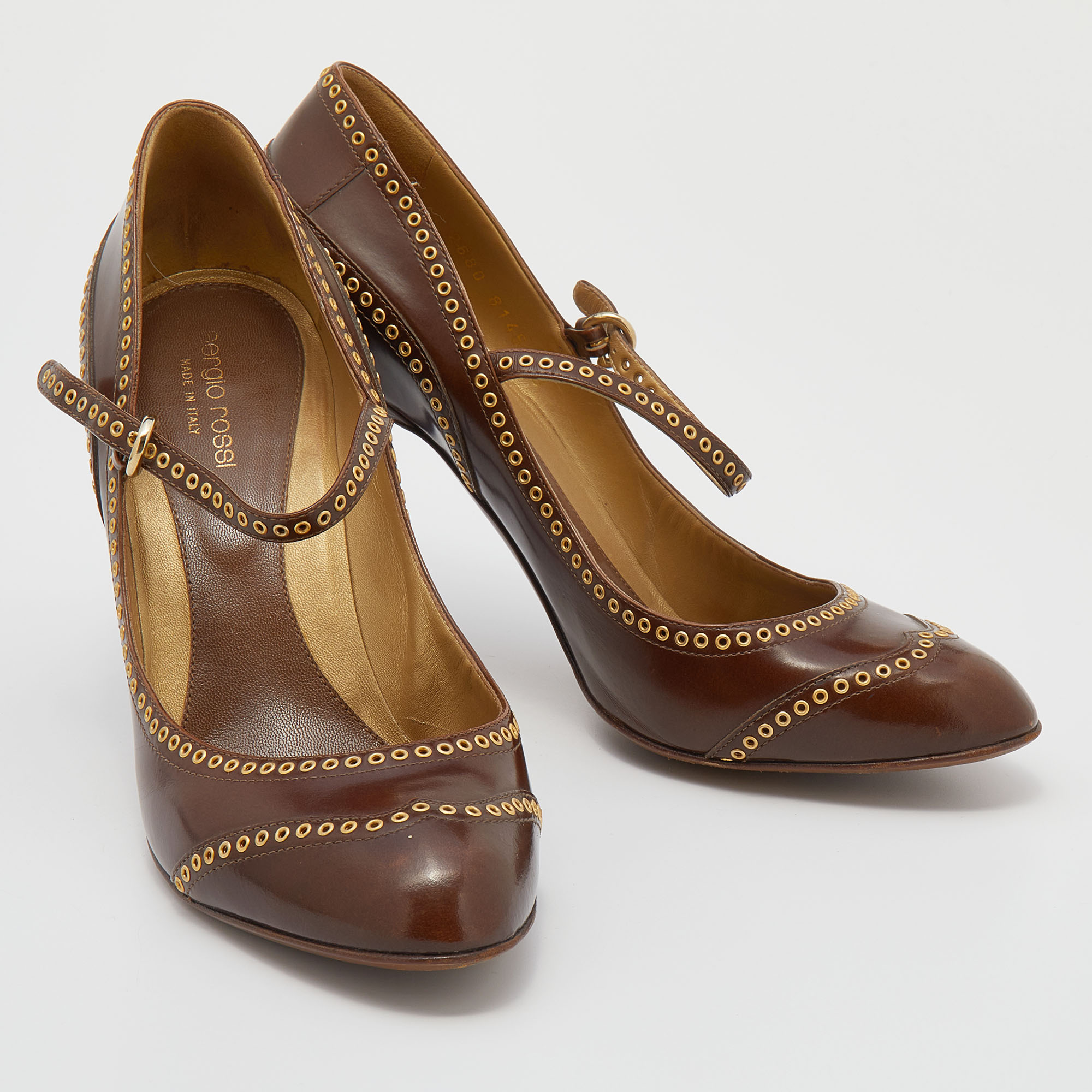 Sergio Rossi Brown Leather Eyelet Mary Jane Pumps Size 40