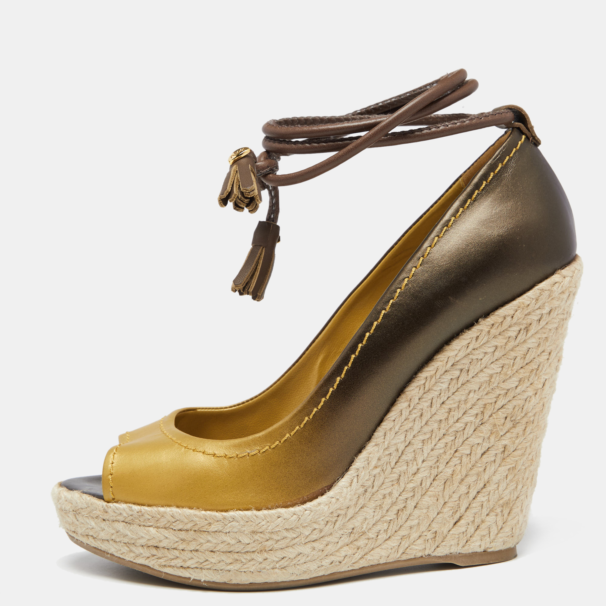 Sergio rossi ombre gold leather and jute ankle wrap wedge pumps size 39.5