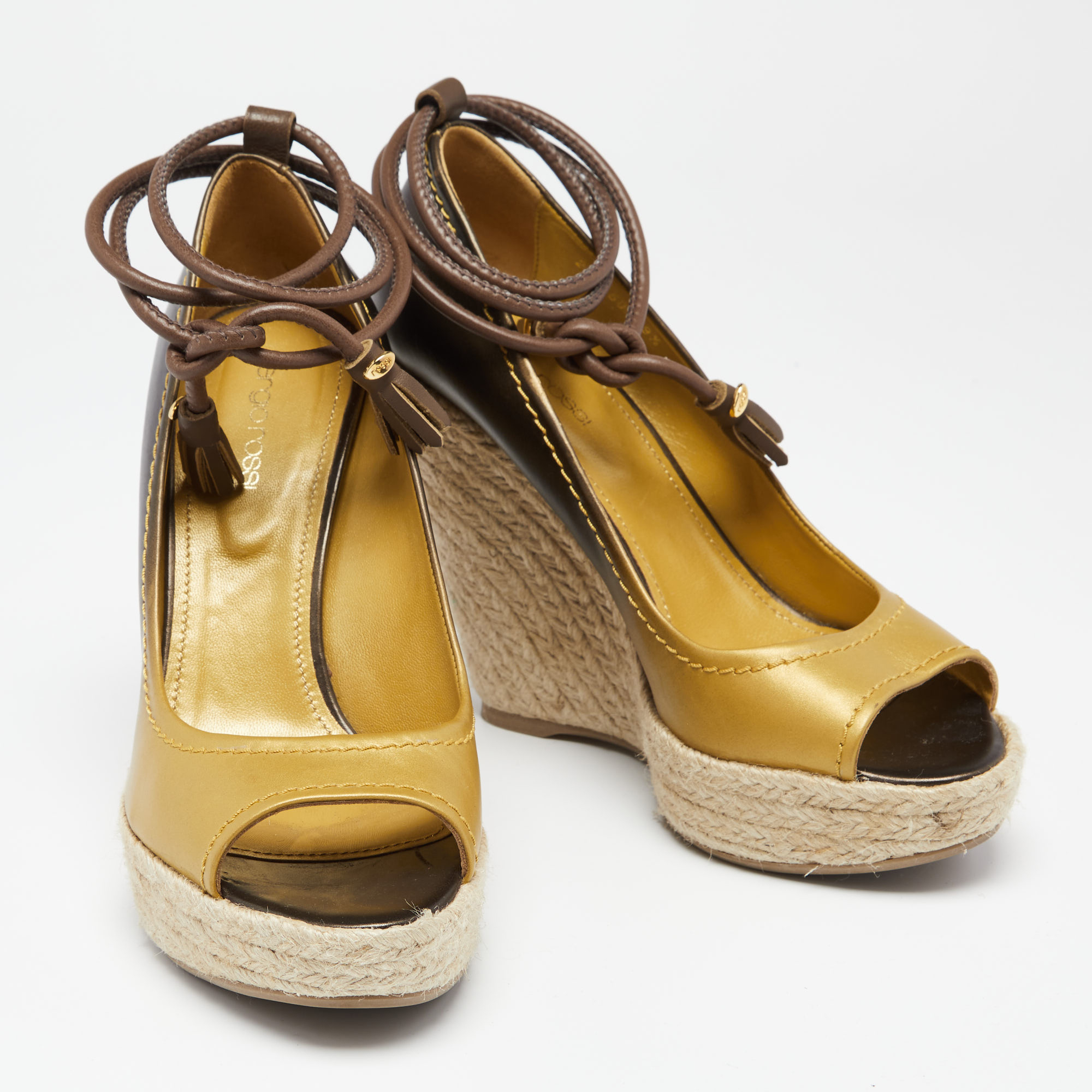 Sergio Rossi Ombre Gold Leather And Jute Ankle Wrap Wedge Pumps Size 39.5