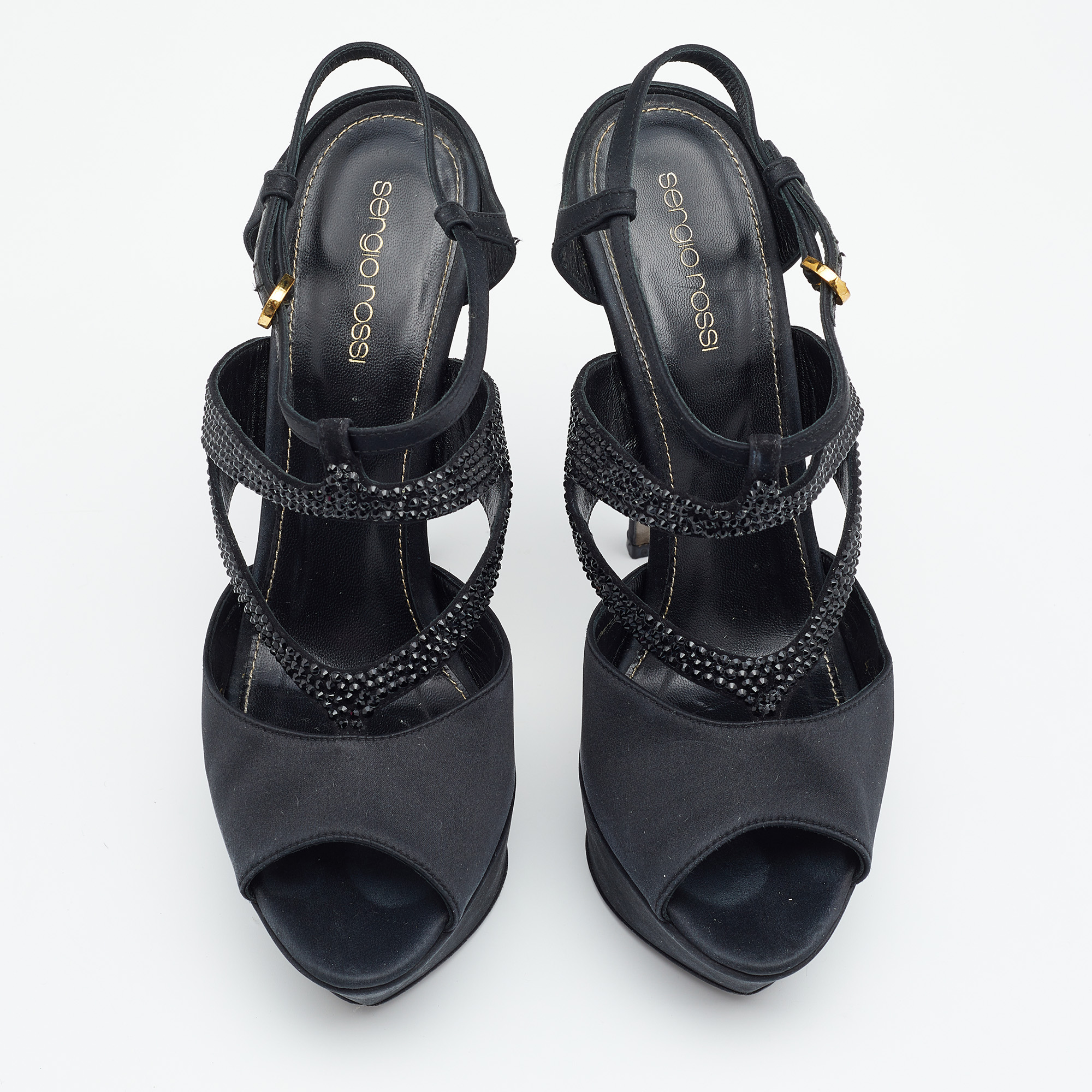 Sergio Rossi Black Satin Embellished  Ankle Strap Sandals Size 39