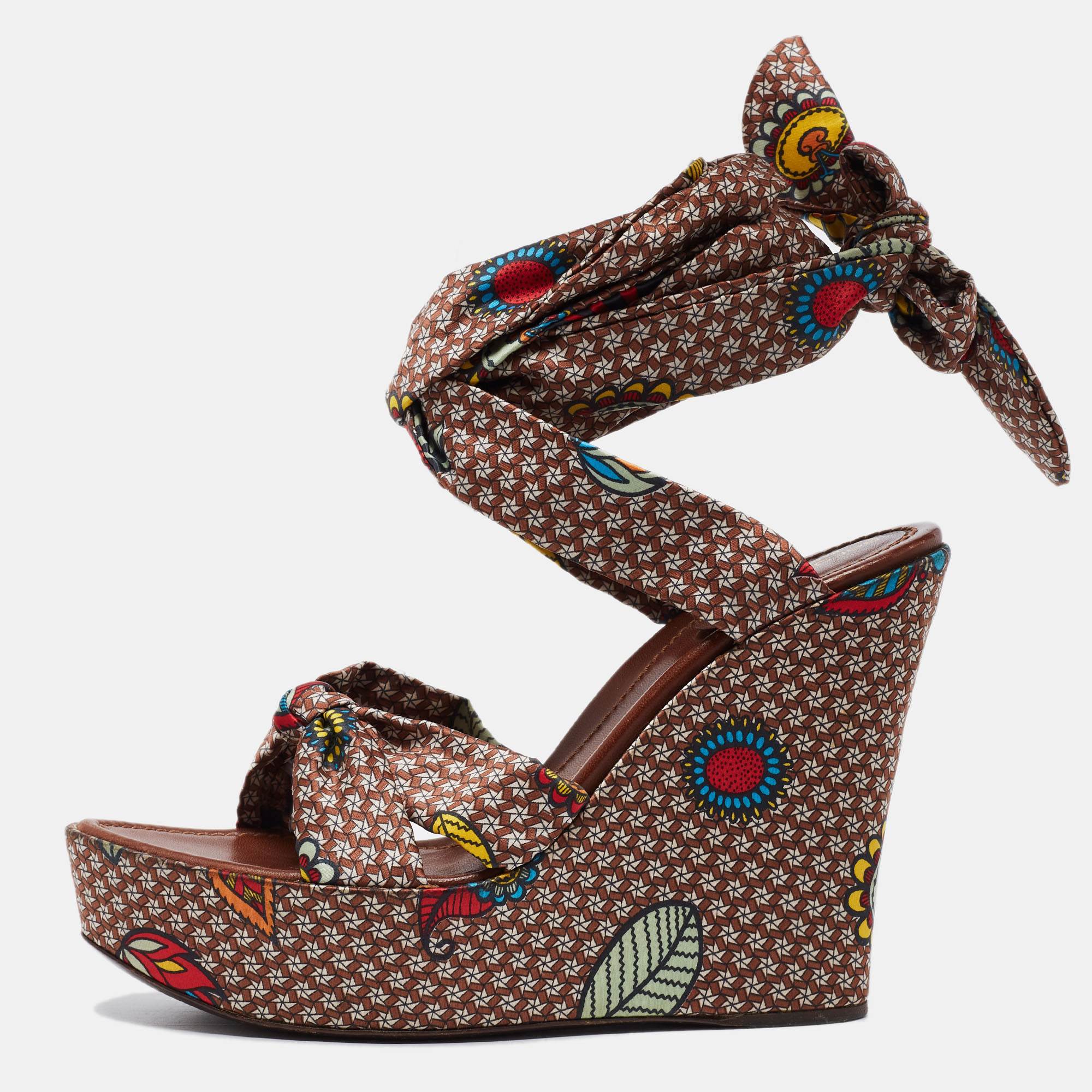 Sergio Rossi Multicolor Printed Satin Ankle-Wrap Wedge Platform Sandals Size 40