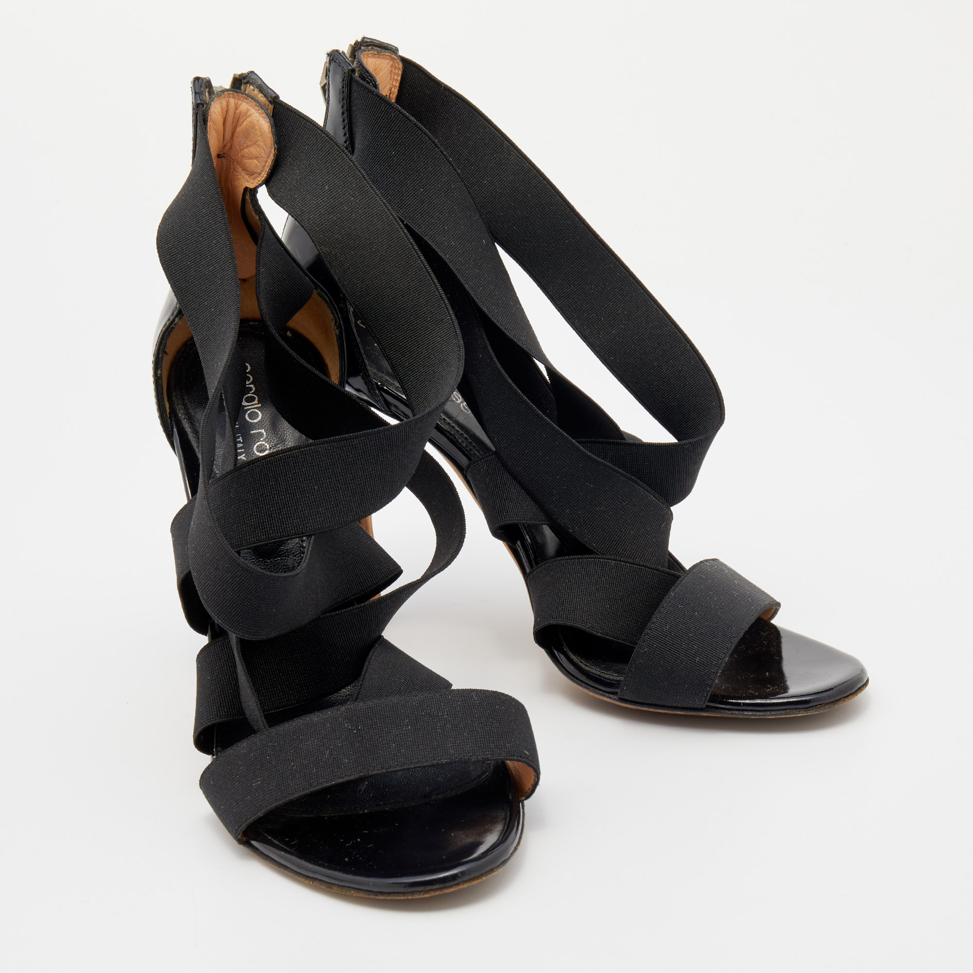Sergio Rossi Black Patent Leather And Elastic Strappy Sandals Size 36