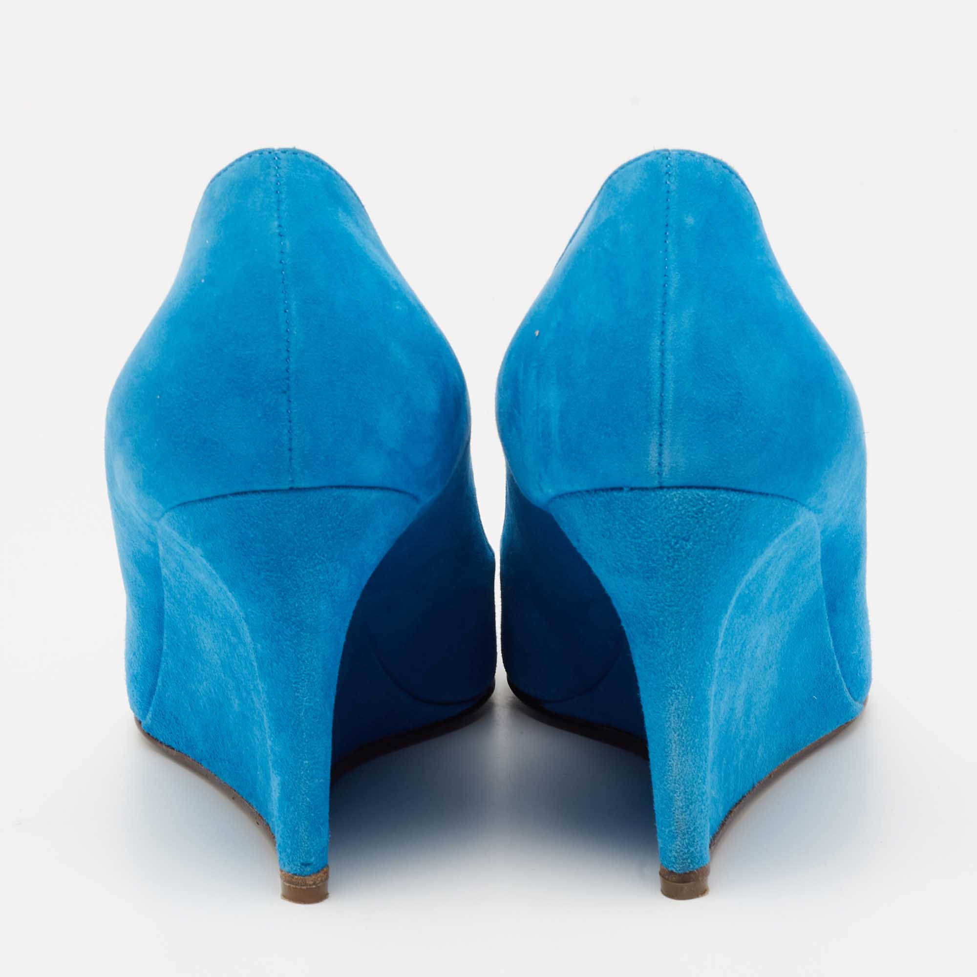 Sergio Rossi Blue Suede Peep Toe Wedge Pumps Size 40.5