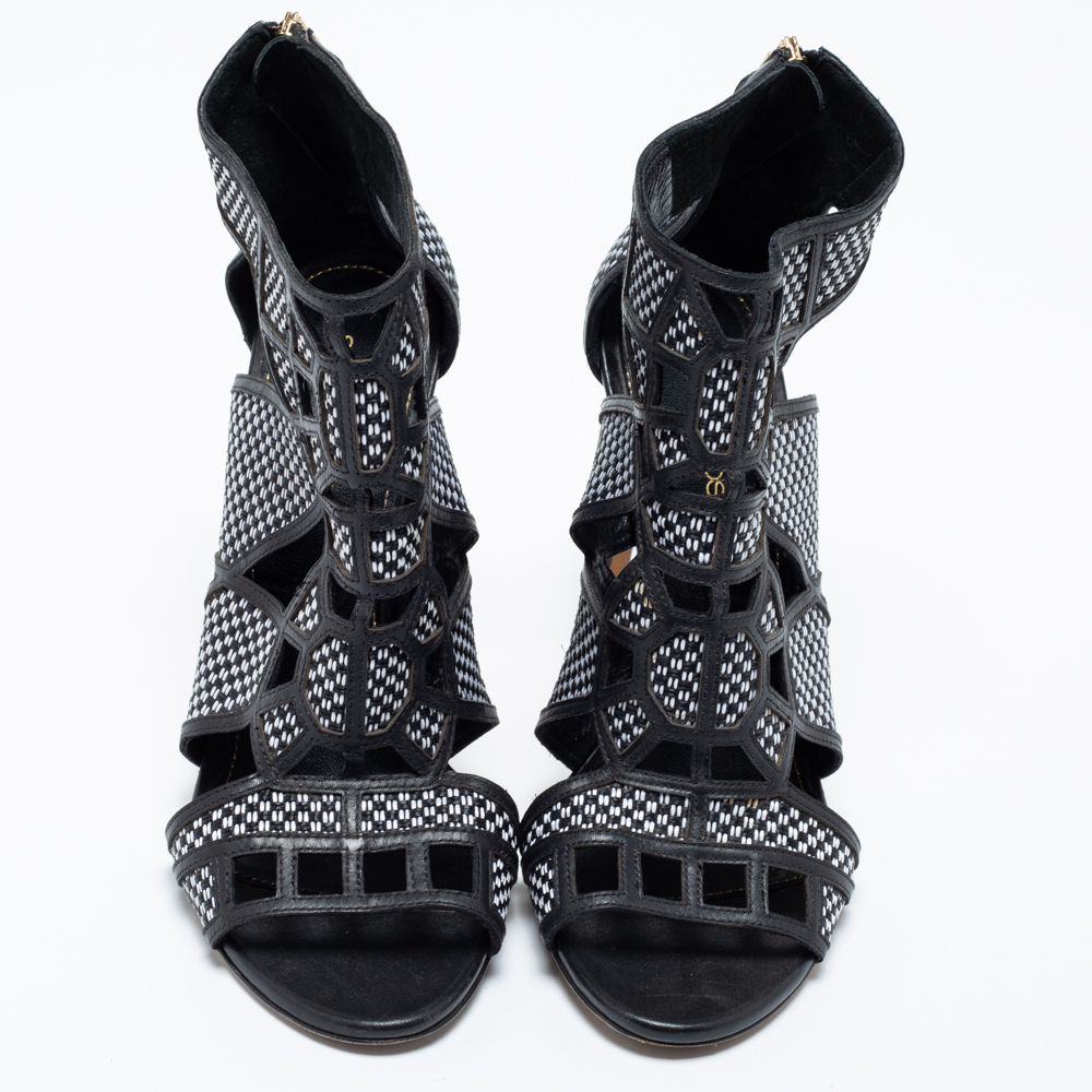Sergio Rossi Black/White  Woven Straw And Leather Cutout Ankle Boots Size 36
