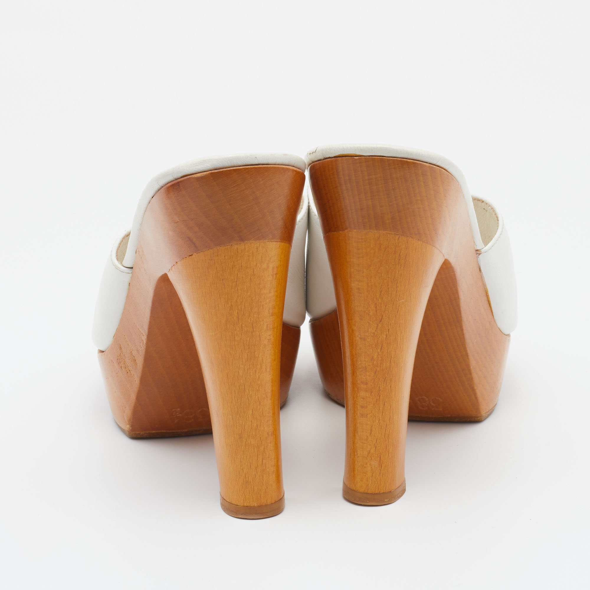 Sergio Rossi White Leather Wooden Platform Heel Sandals Size 38.5