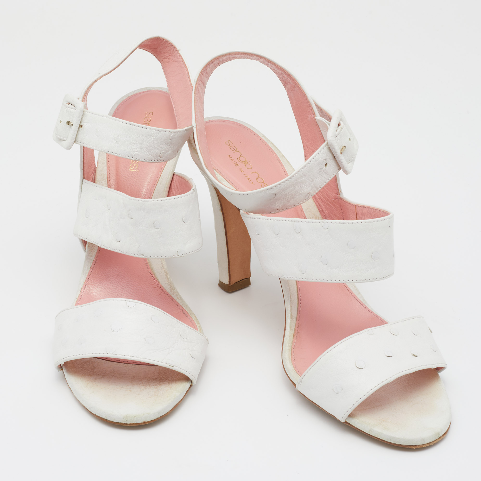 Sergio Rossi White Ostrich Leather Ankle Strap Sandals Size 39