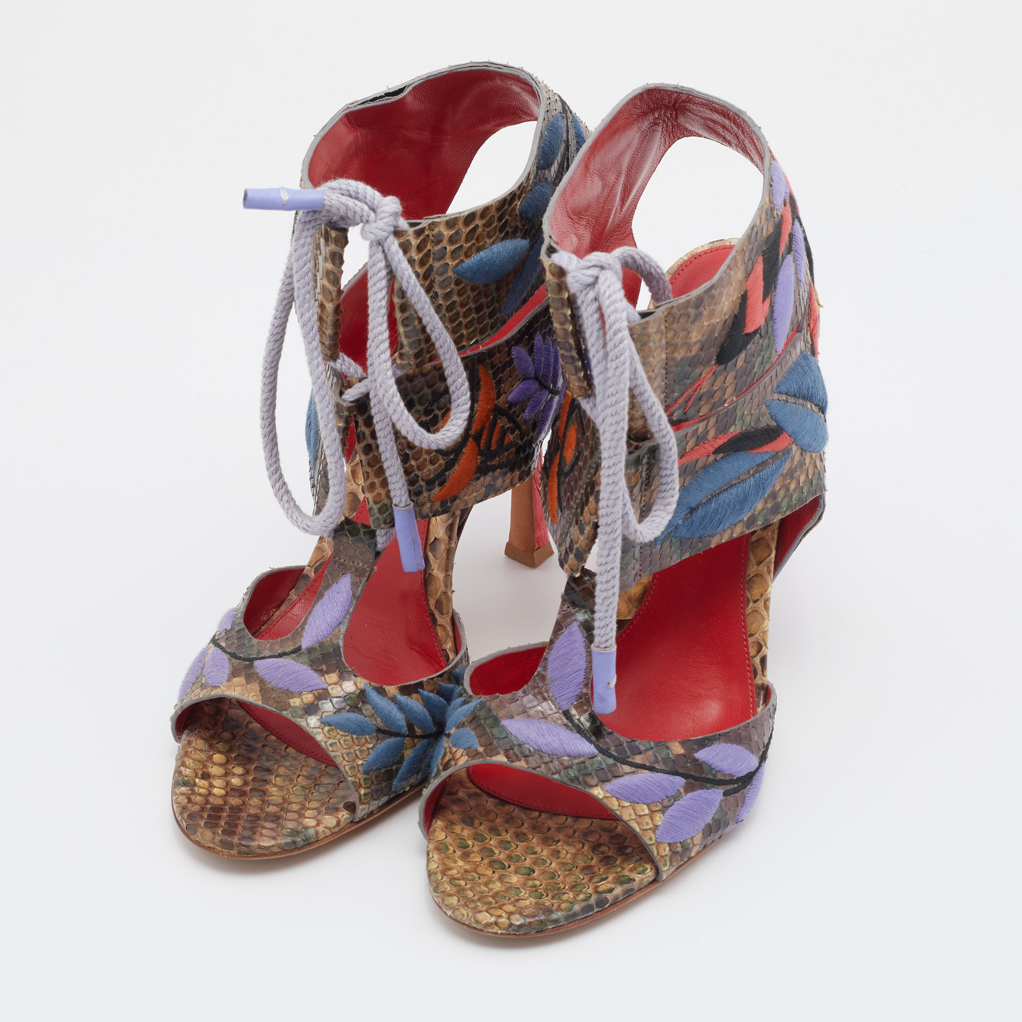 Sergio Rossi Multicolor Embroidered Python Ankle Tie Up Sandals Size 40