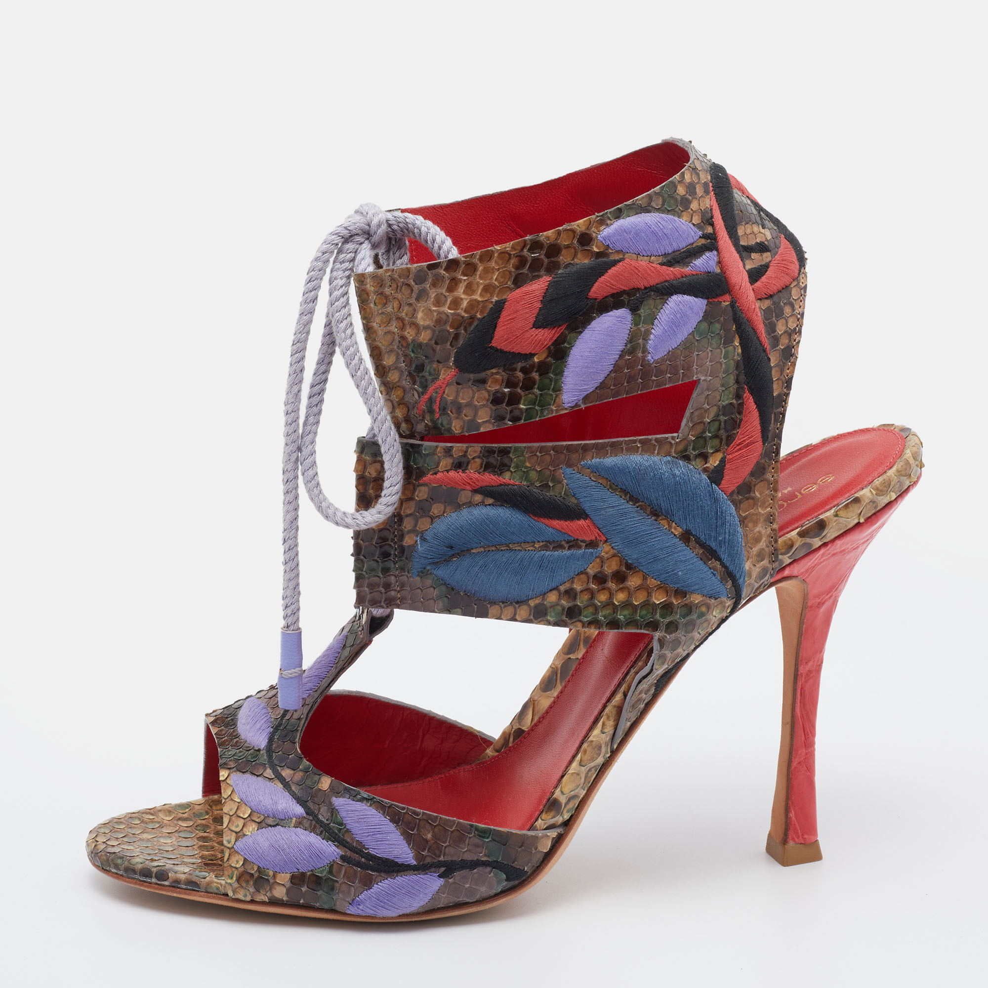 Sergio Rossi Multicolor Embroidered Python Ankle Tie Up Sandals Size 40