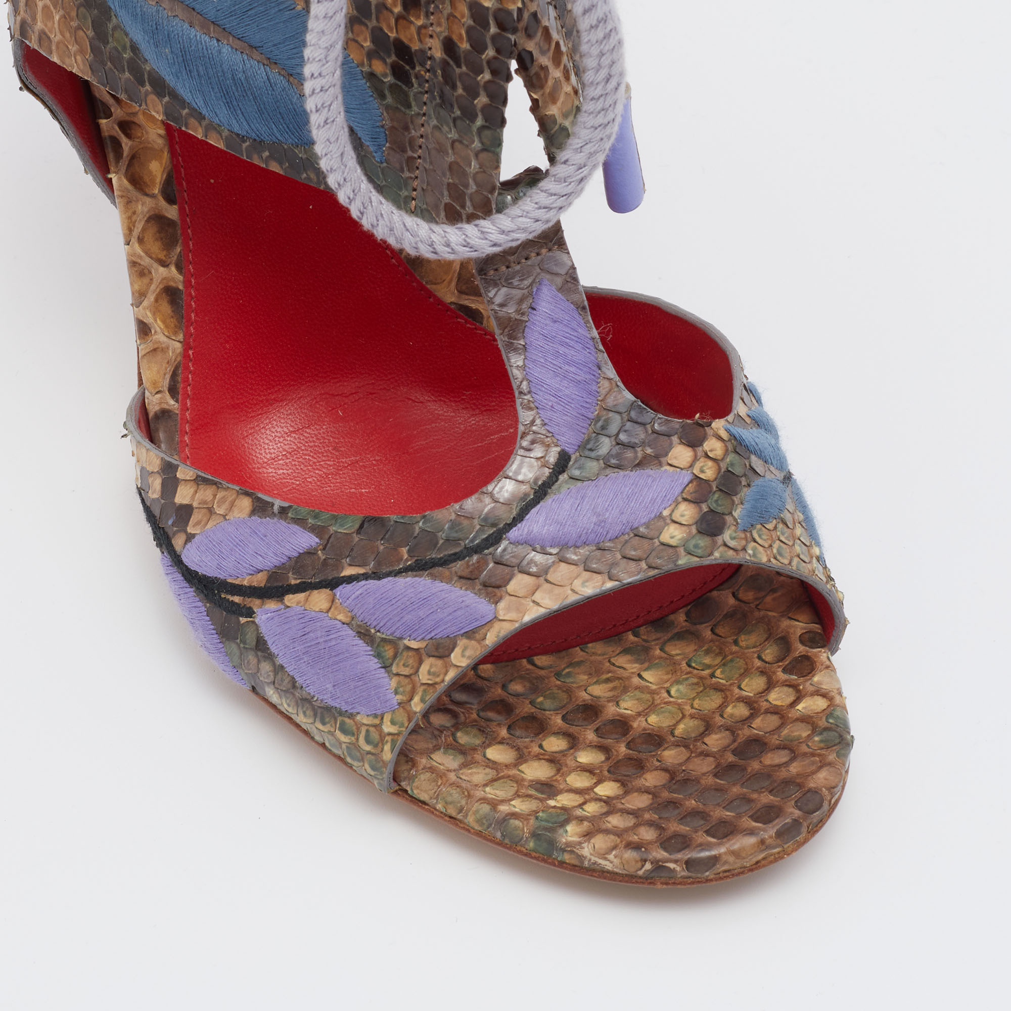 Sergio Rossi Multicolor Embroidered Python Ankle Tie Up Sandals Size 40