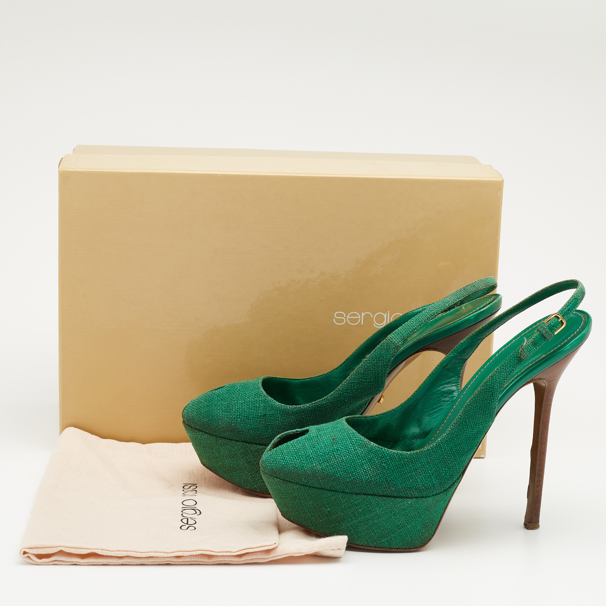 Sergio Rossi Green Canvas Cachet Peep Toe Platform Slingback Sandals Size 37