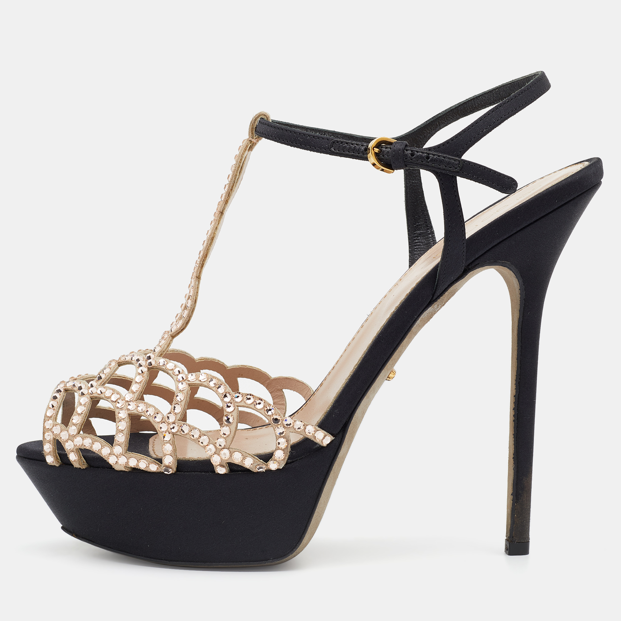 

Sergio Rossi Black/Beige Satin And Suede Crystal Embellished Strappy Scalloped Platform Sandals Size