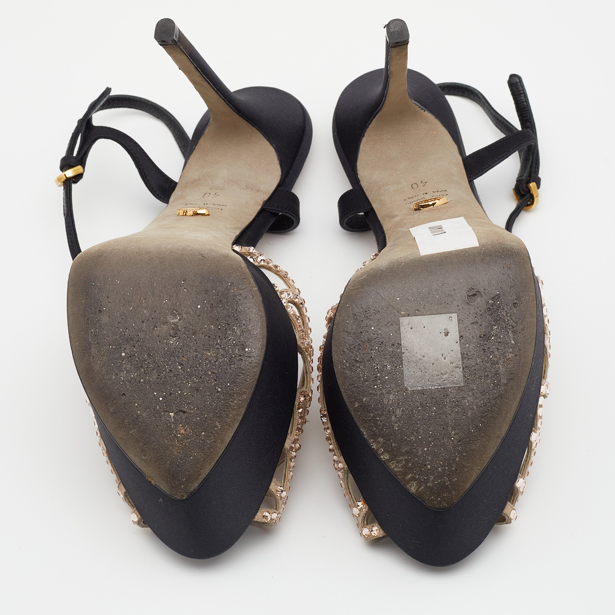 Sergio Rossi Black/Beige Satin And Suede Crystal Embellished Strappy Scalloped Platform Sandals Size 40