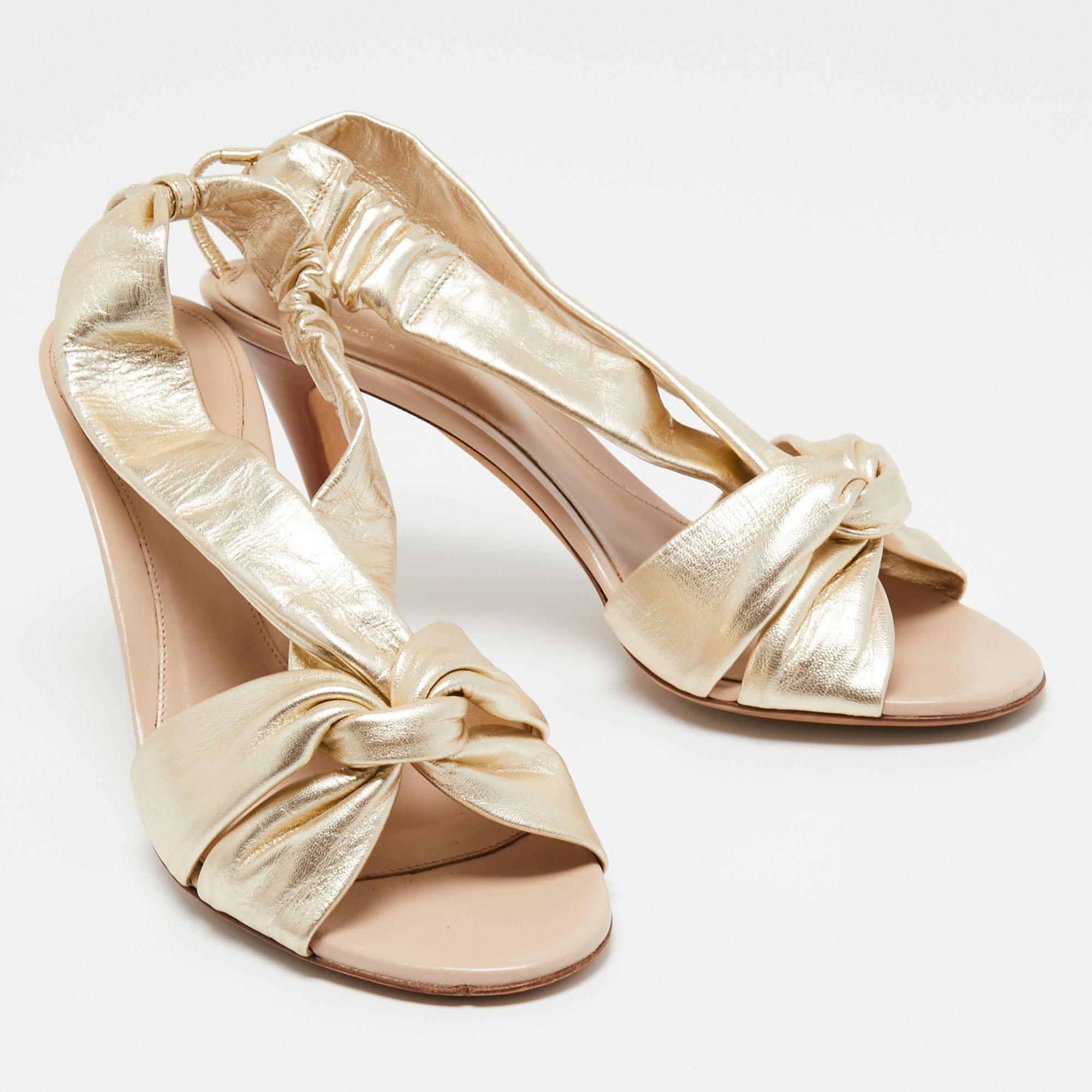 Sergio Rossi Gold Leather Knot Detail Open Toe Sandals Size  40