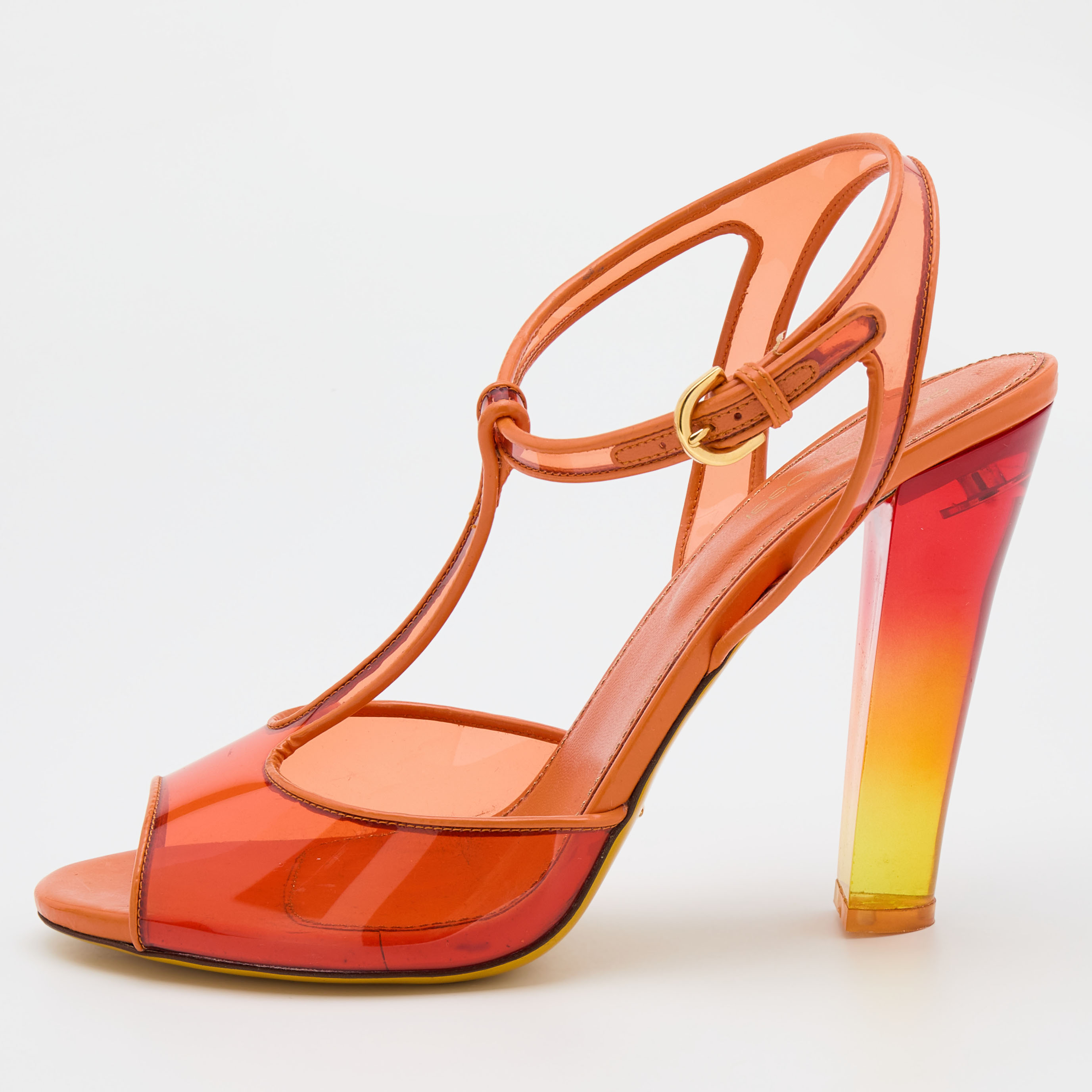 Sergio Rossi Orange Patent Leather And PVC Open Toe T-Strap Sandals Size 41