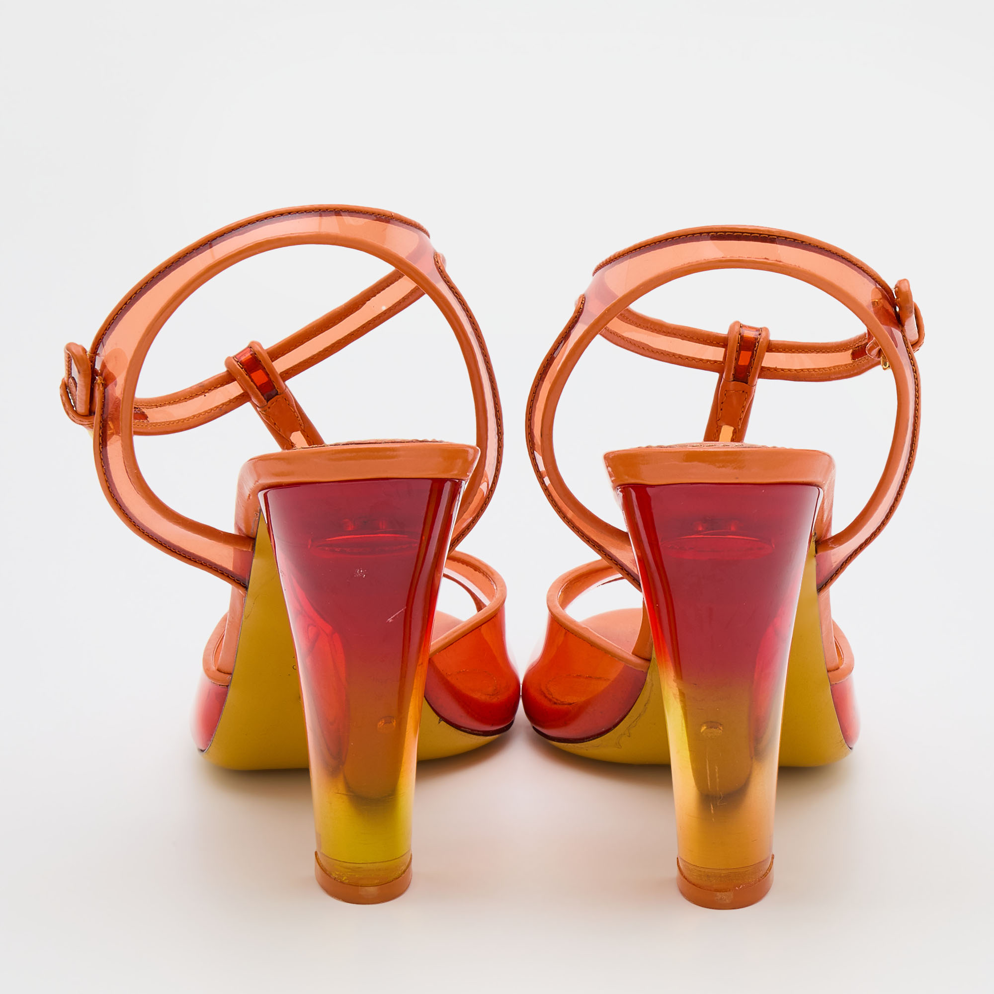 Sergio Rossi Orange Patent Leather And PVC Open Toe T-Strap Sandals Size 41