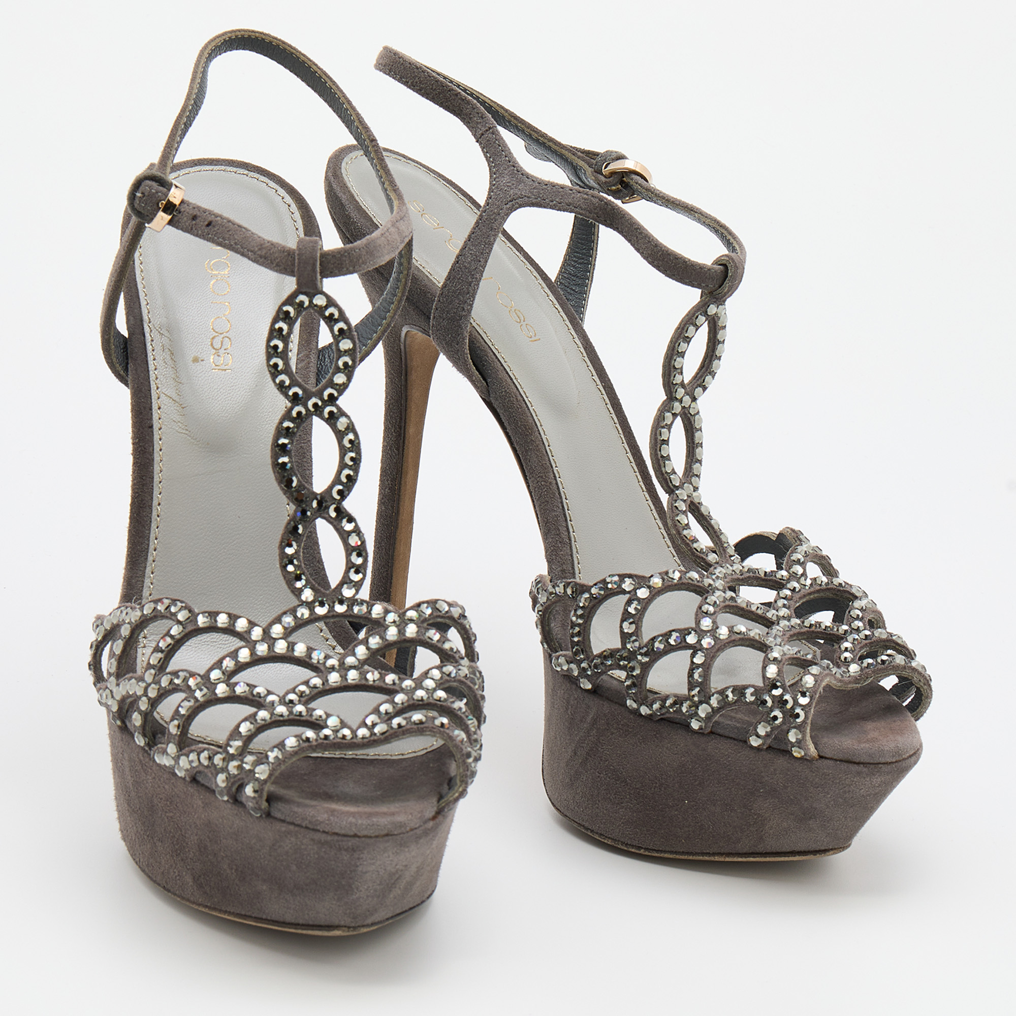 Sergio Rossi Grey Suede Embellished Strappy Scalloped Platform Sandals Size 36