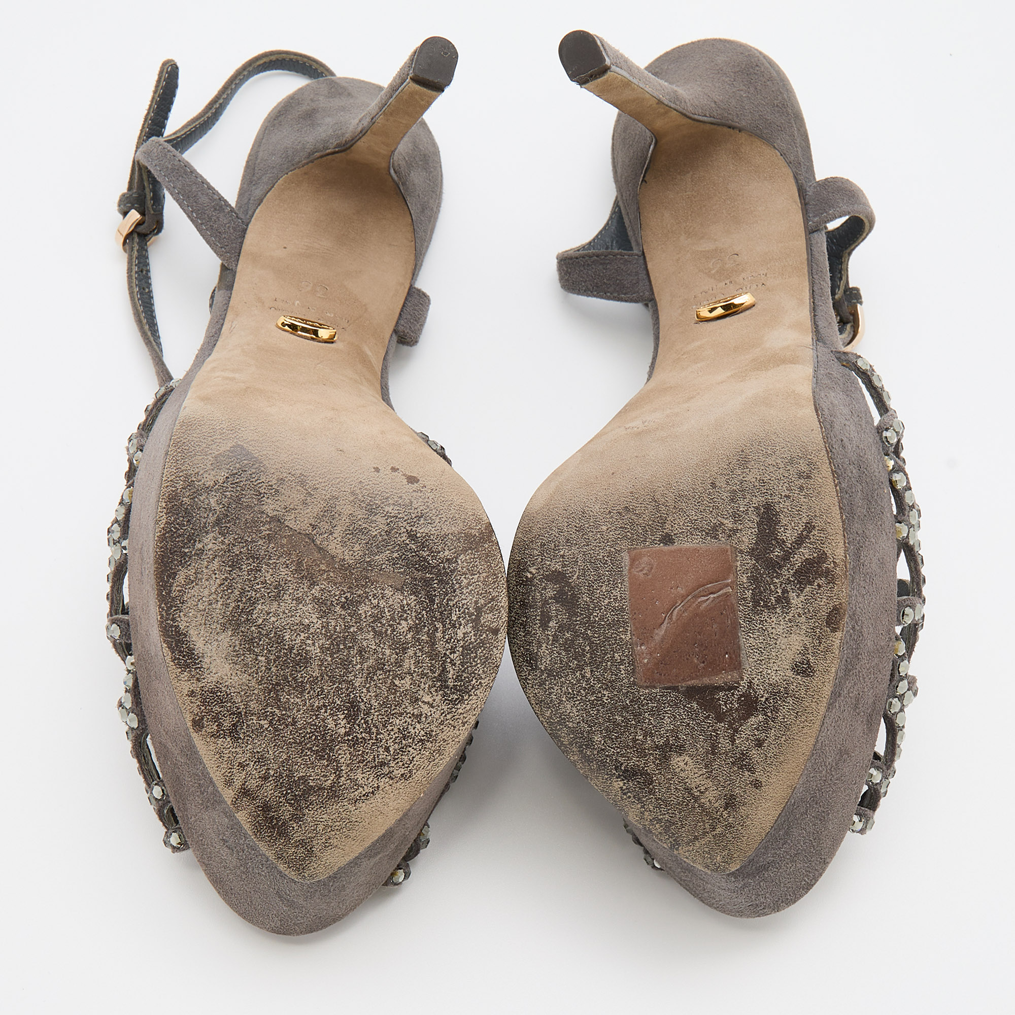 Sergio Rossi Grey Suede Embellished Strappy Scalloped Platform Sandals Size 36