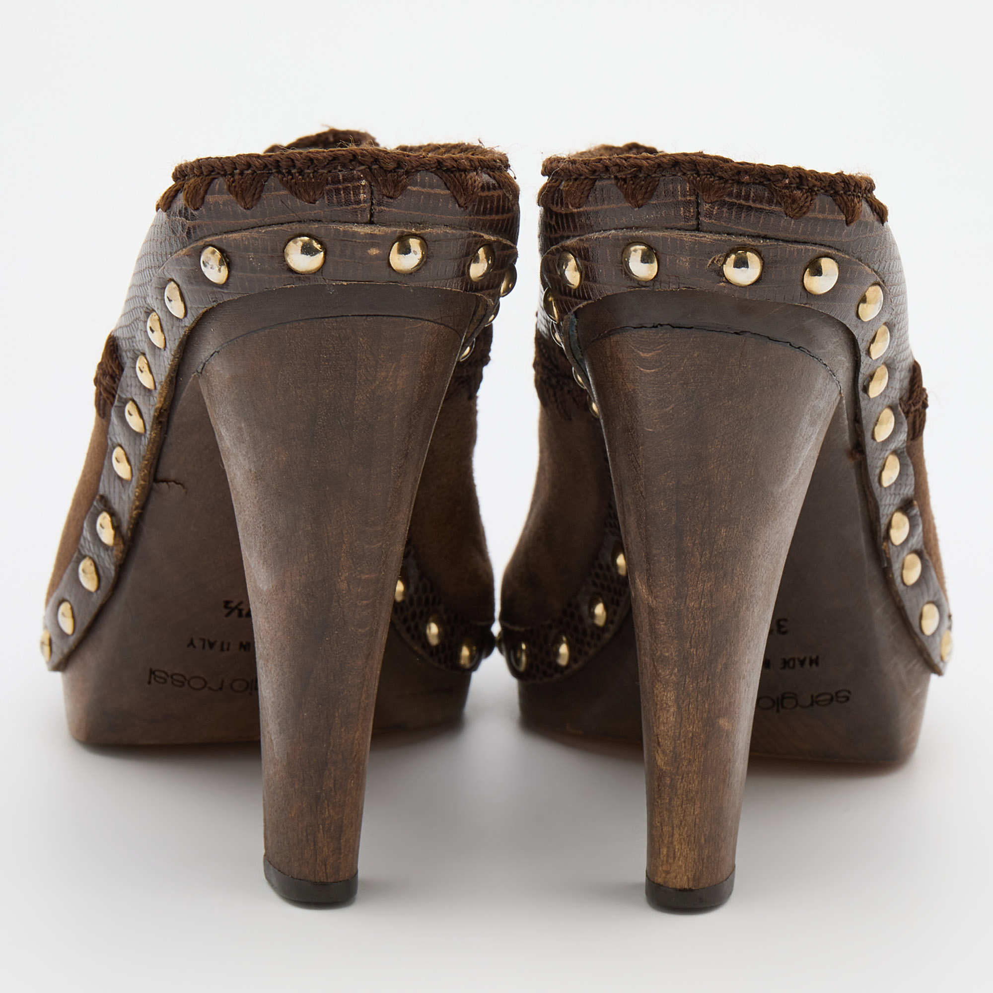 Sergio Rossi Brown Lizard Embossed Leather And Suede Studded Platform Mules Size 37.5