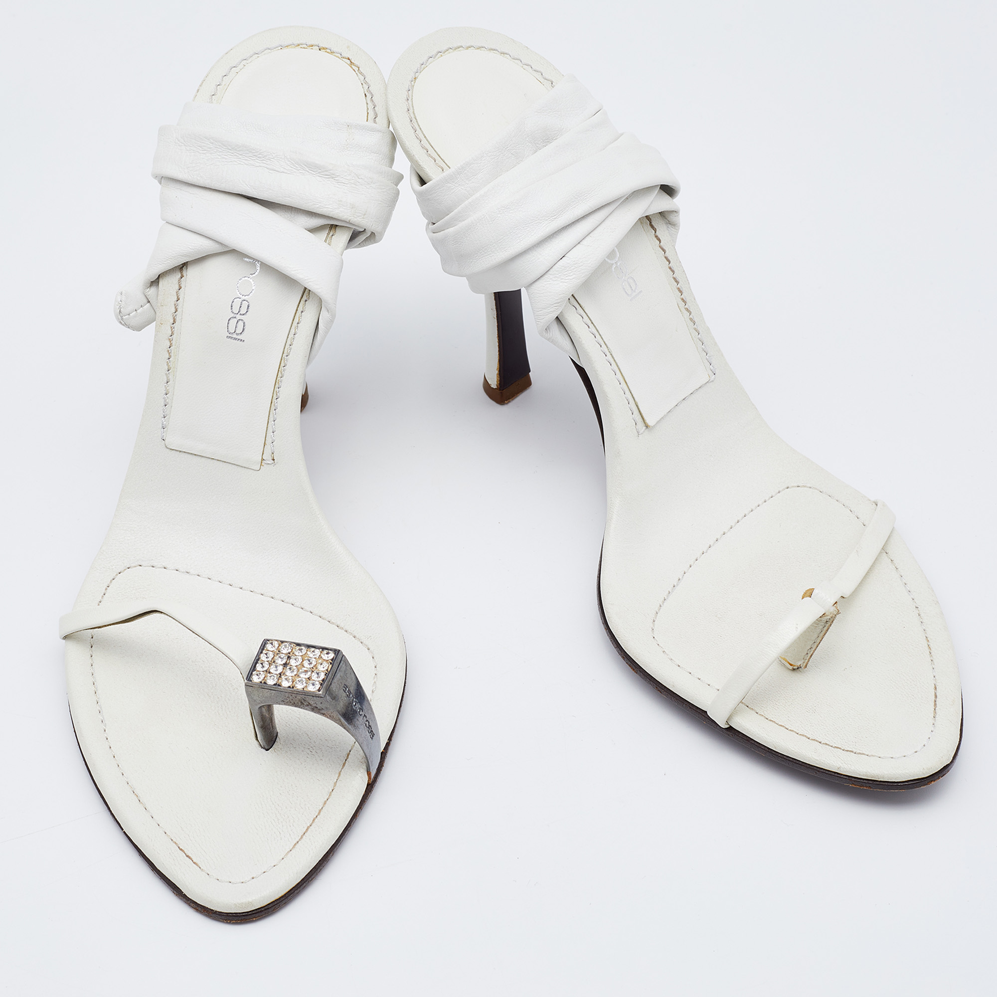 Sergio Rossi White Leather Ankle Wrap Sandals Size 38