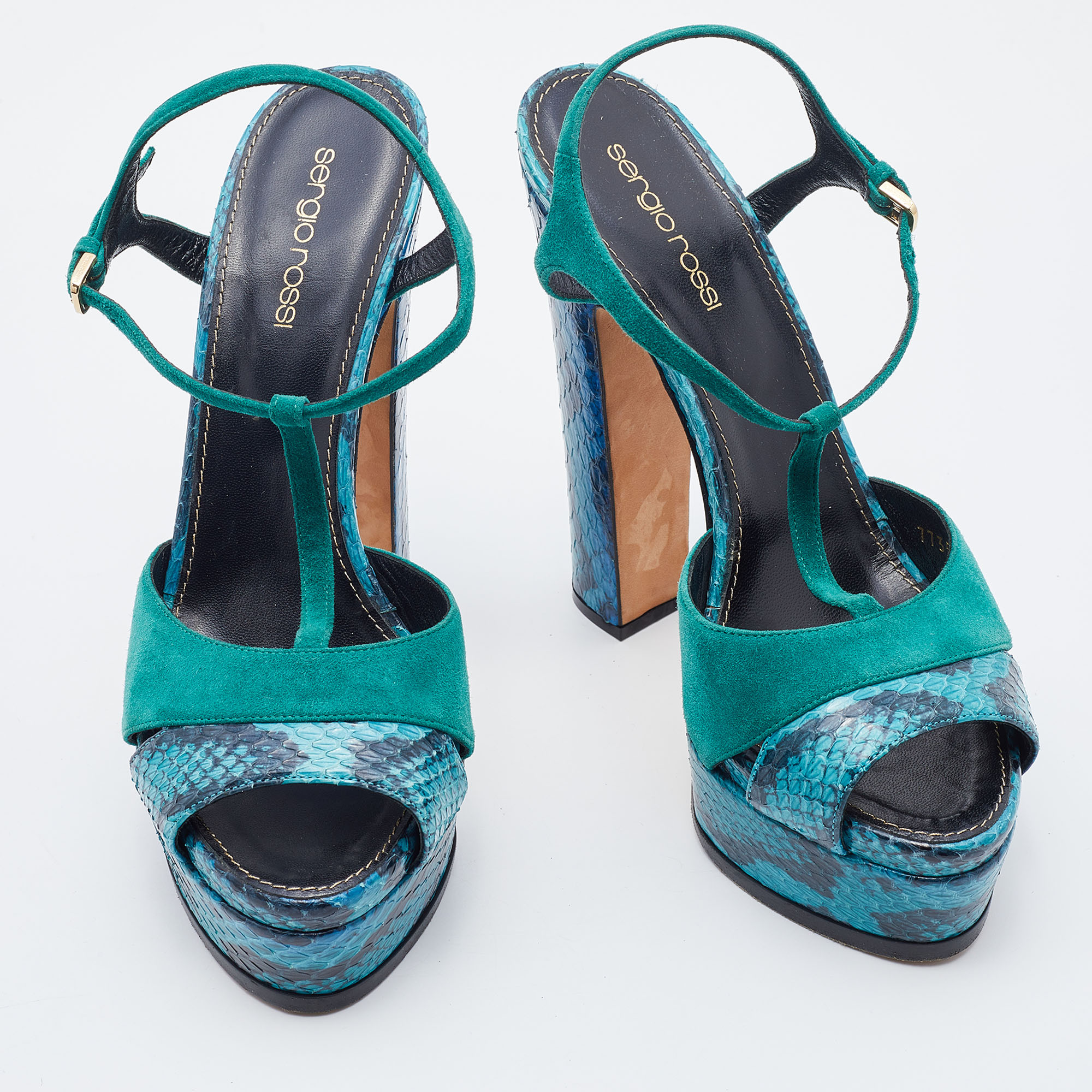 Sergio Rossi Blue/Green Suede And Python Leather Platform T-Strap Sandals Size 38