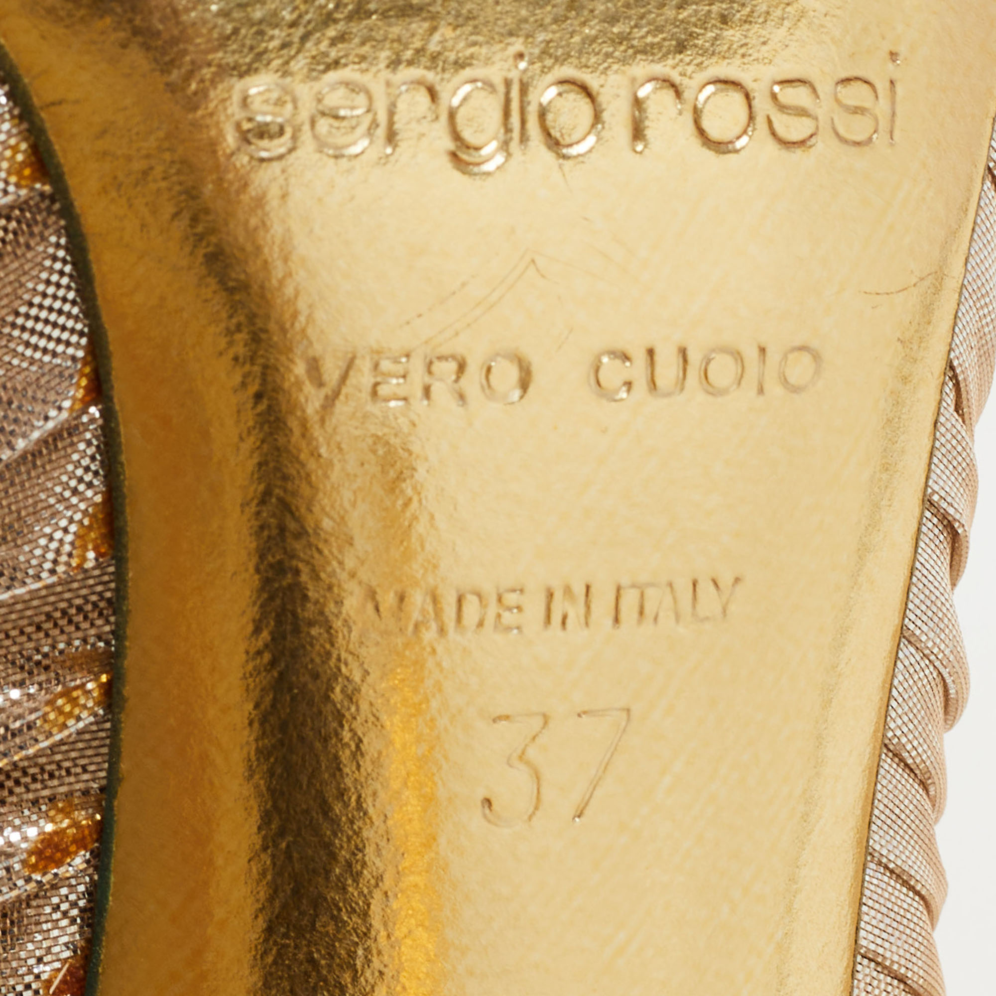 Sergio Rossi Gold Ruffled Lame Fabric Peep Toe Pumps Size 37