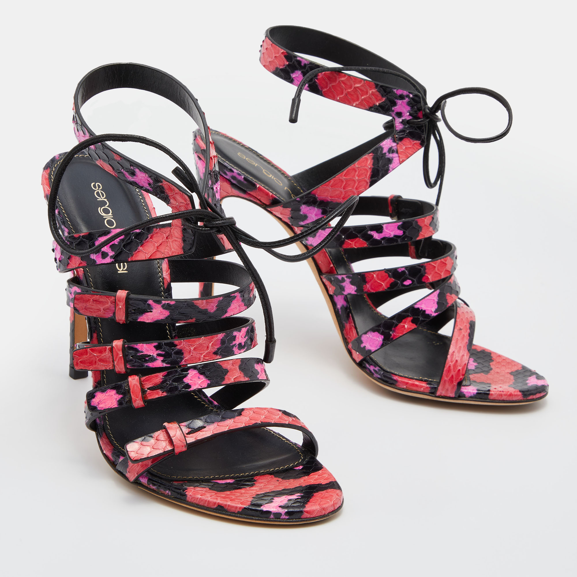Sergio Rossi Pink/Black Python Leather Ankle Tie Up Strappy Sandals Size 36
