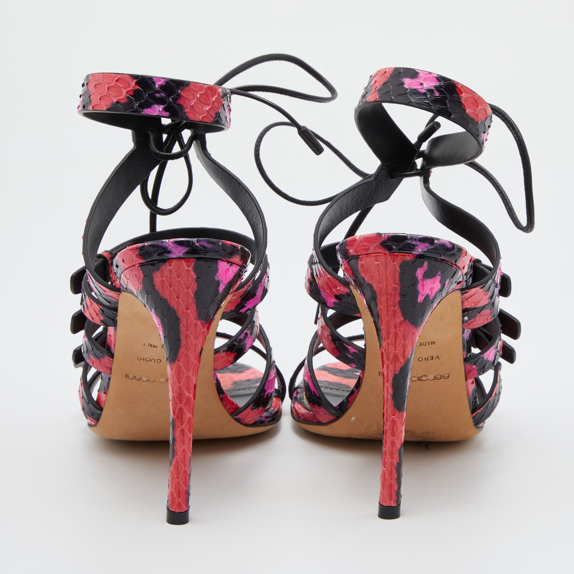 Sergio Rossi Pink/Black Python Leather Ankle Tie Up Strappy Sandals Size 36