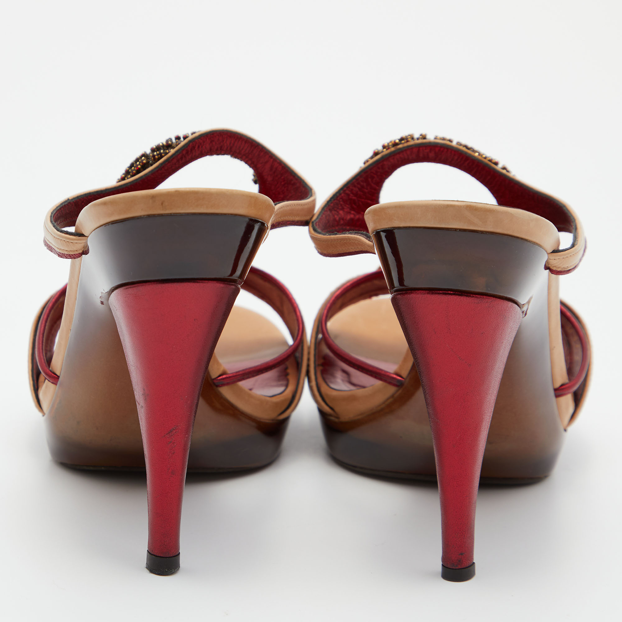 Sergio Rossi Beige/Red Leather Crystal Embellished Slip On Sandals Size 40