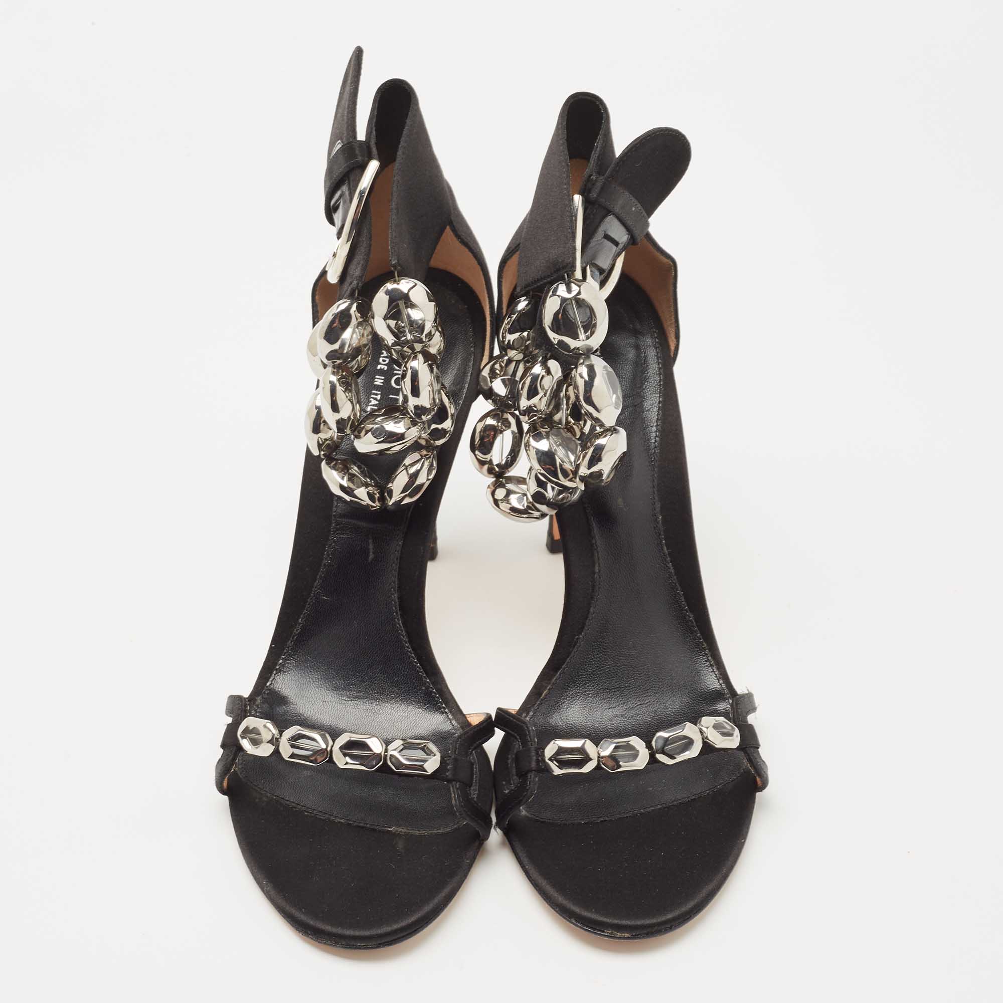 Sergio Rossi Black Satin Crystal Embellished Ankle Strap Sandals Size 38.5