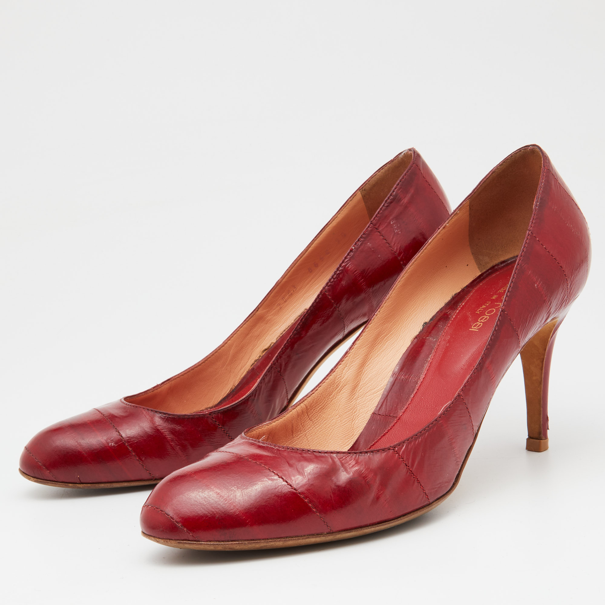 Sergio Rossi Red Eel Leather Round-Toe Pumps Size 39