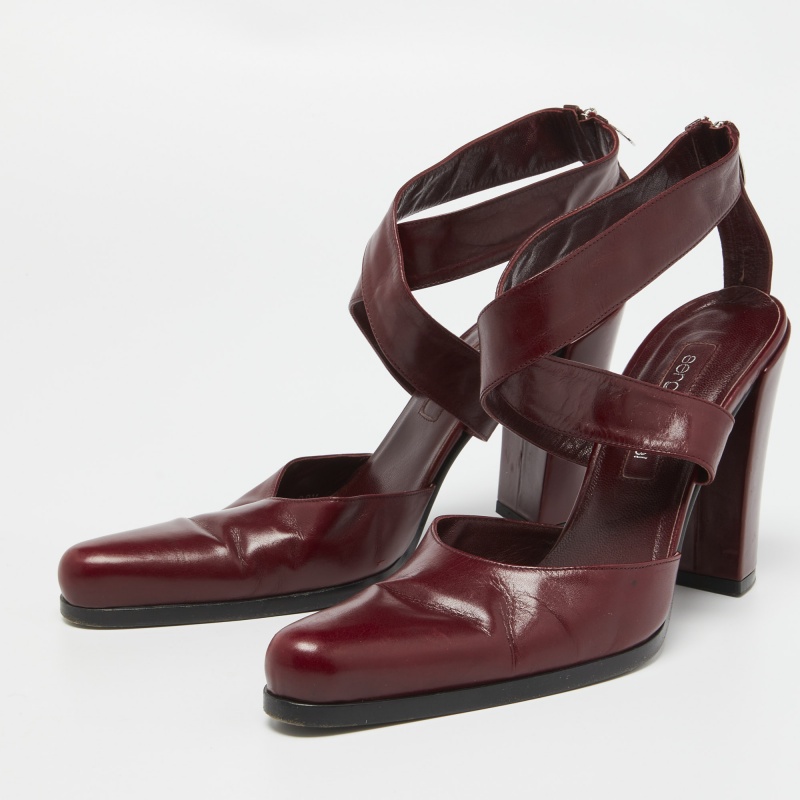 Sergio Rossi Burgundy Leather Cross Ankle Strap Pumps Size 38.5