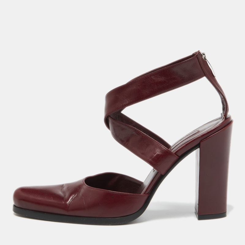 Sergio Rossi Burgundy Leather Cross Ankle Strap Pumps Size 38.5