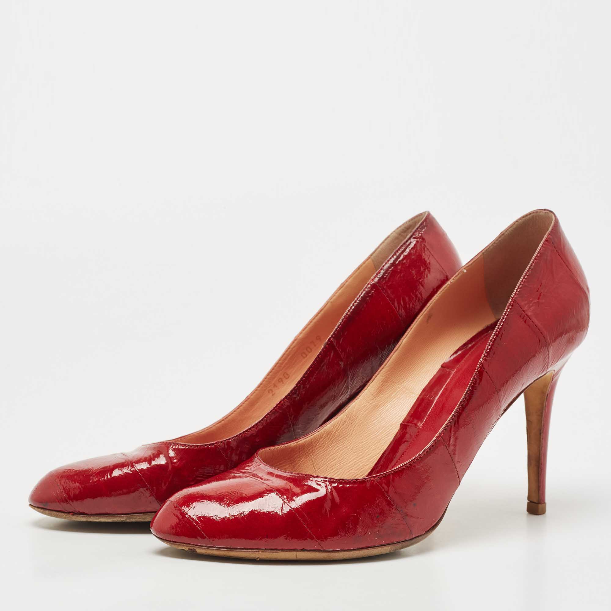 Sergio Rossi Dark Red Patent Eel Leather Round Toe Pumps Size 40.5