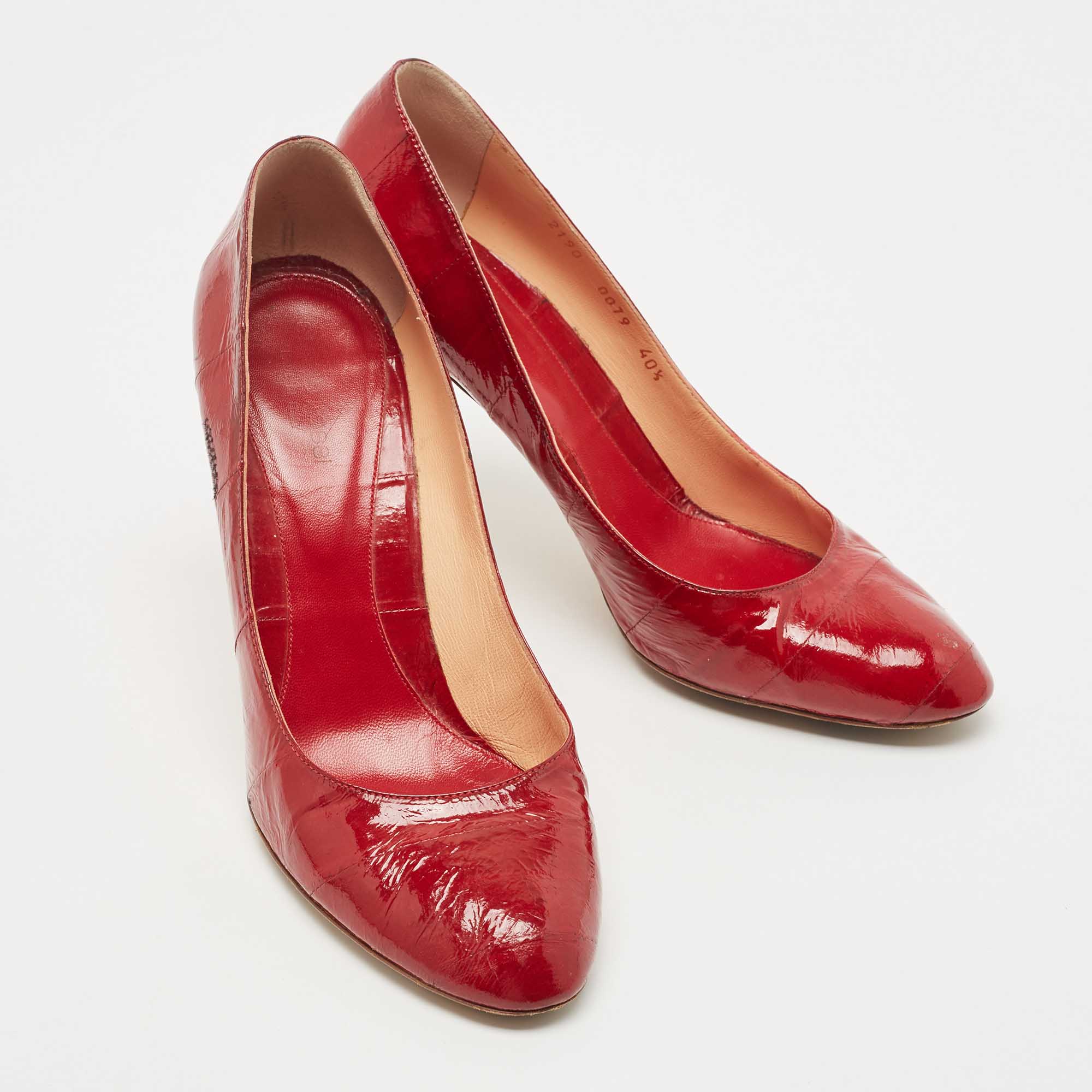 Sergio Rossi Dark Red Patent Eel Leather Round Toe Pumps Size 40.5